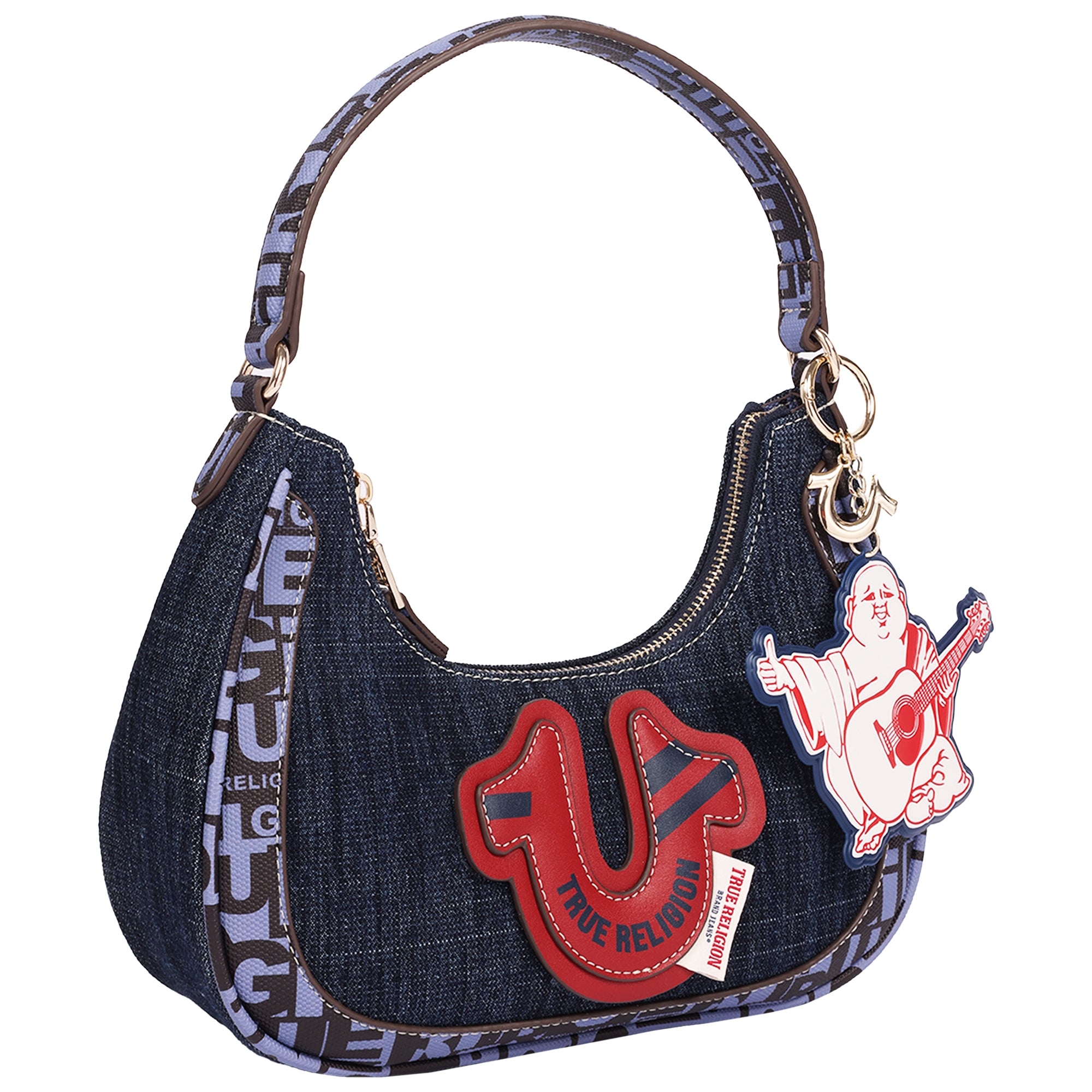 True Religion Graphic Trim Denim Hobo Bag with Buddha Charm
