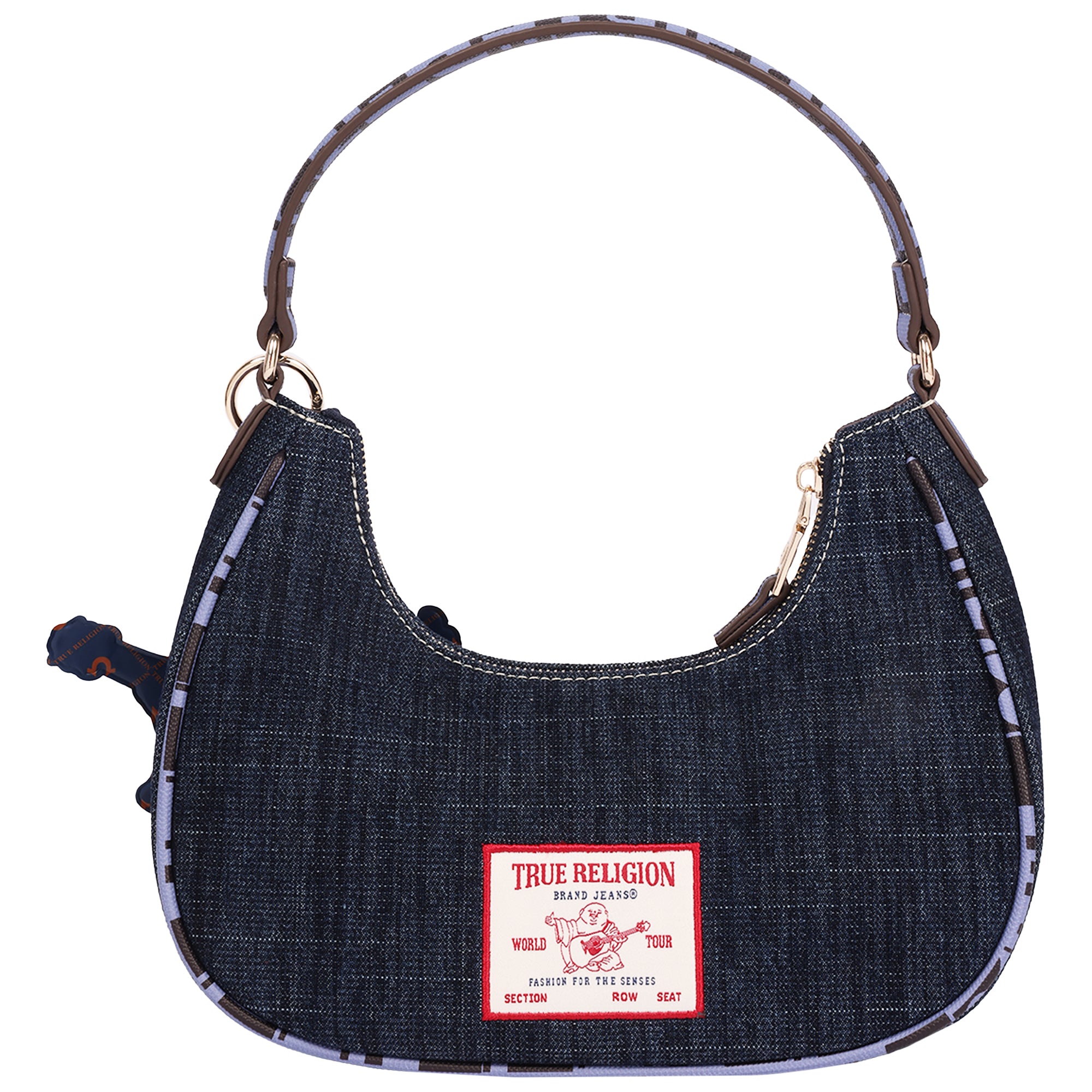 True Religion Graphic Trim Denim Hobo Bag with Buddha Charm