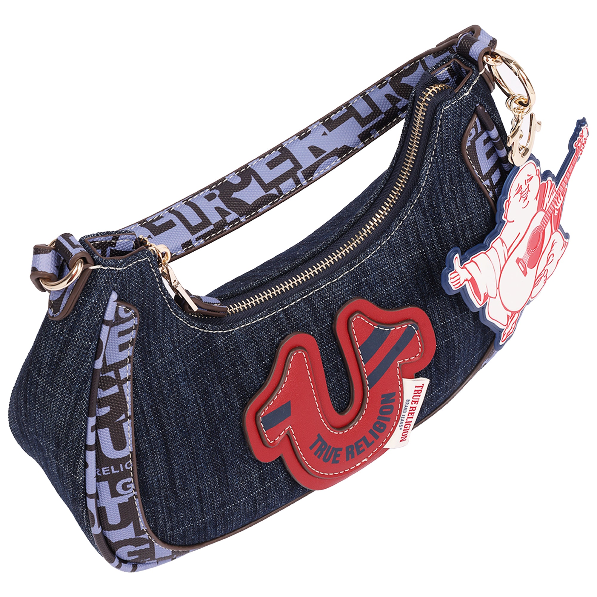 True Religion Graphic Trim Denim Hobo Bag with Buddha Charm