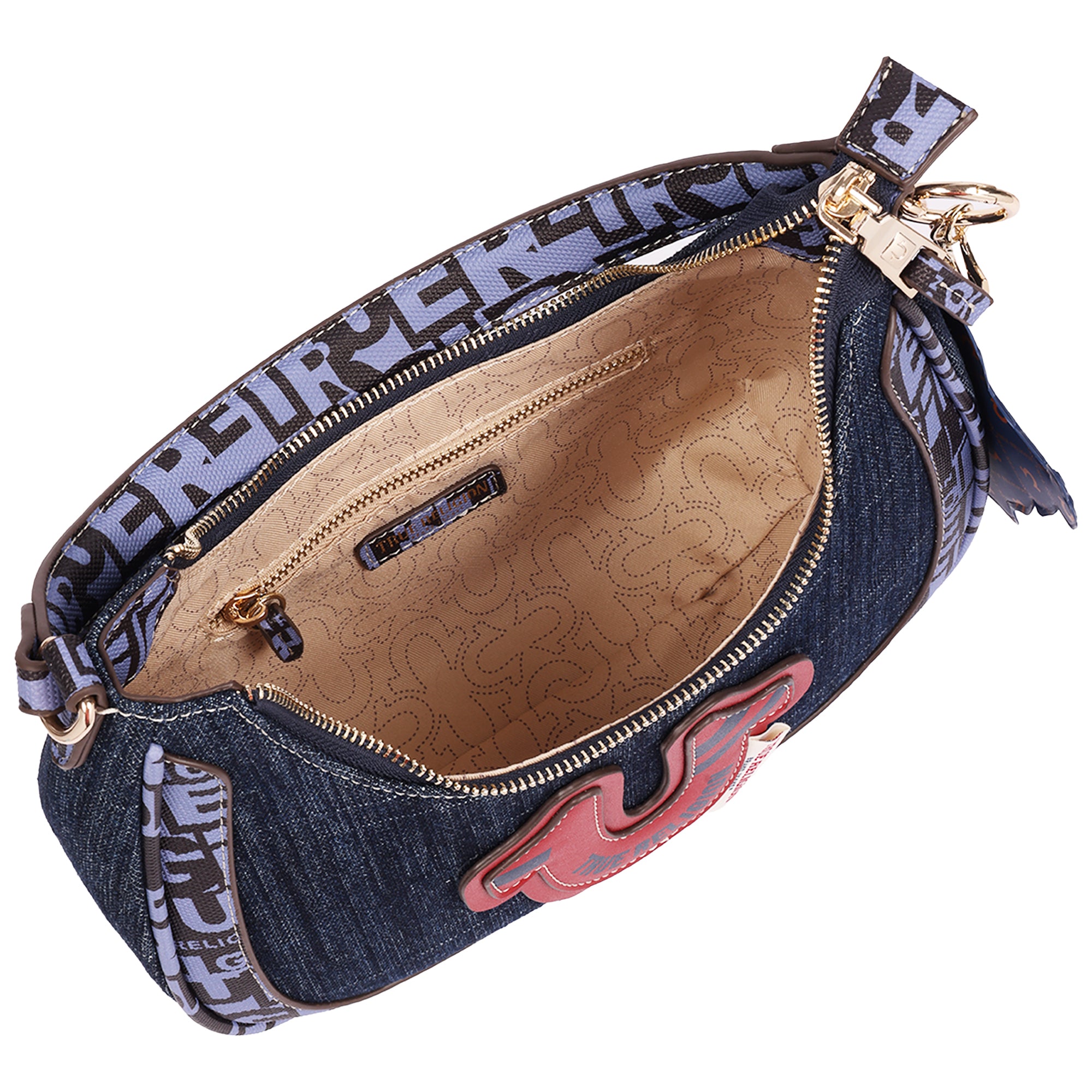 True Religion Graphic Trim Denim Hobo Bag with Buddha Charm