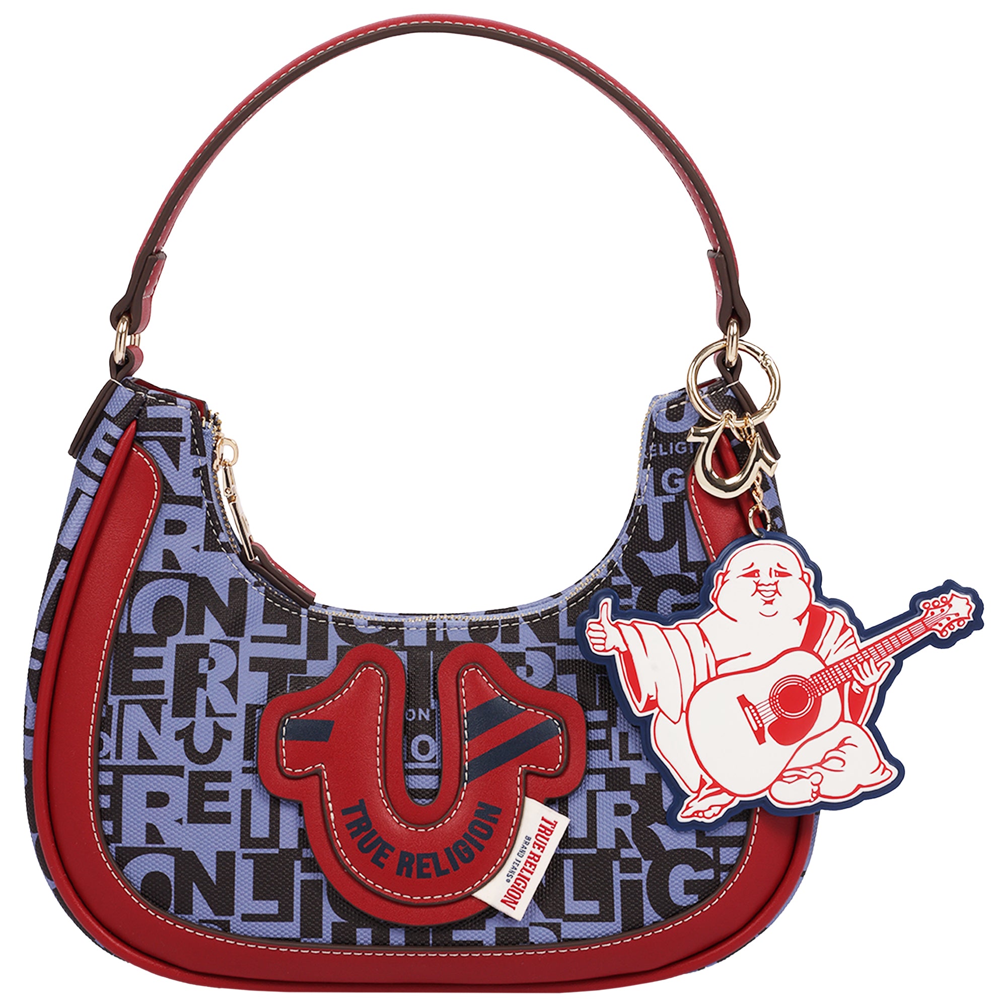 True Religion Graphic Horseshoe Hobo Bag with Buddha Charm and Logo Print