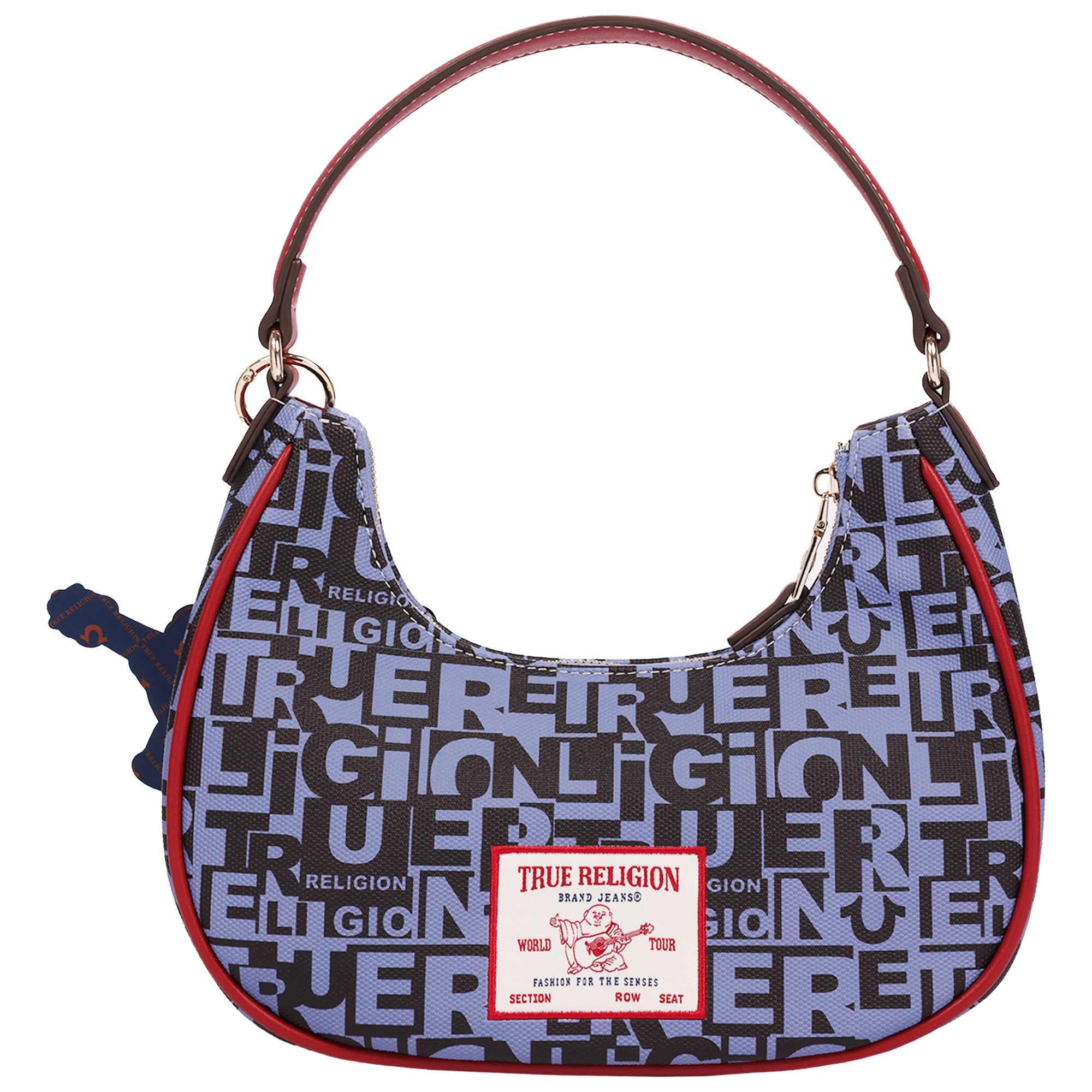 True Religion Graphic Horseshoe Hobo Bag with Buddha Charm and Logo Print
