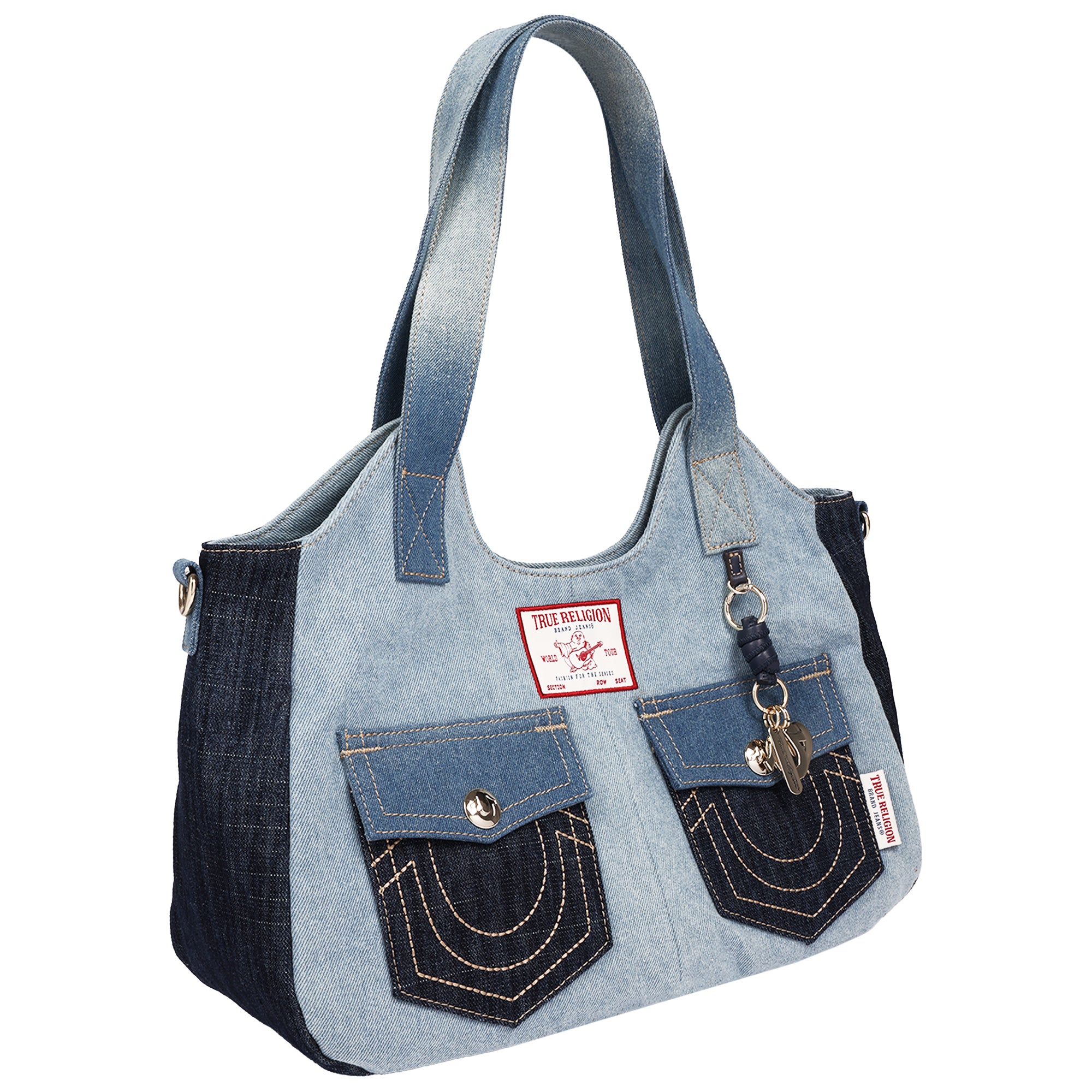 True Religion Color Block Denim Soft Satchel with Detachable Crossbody Strap