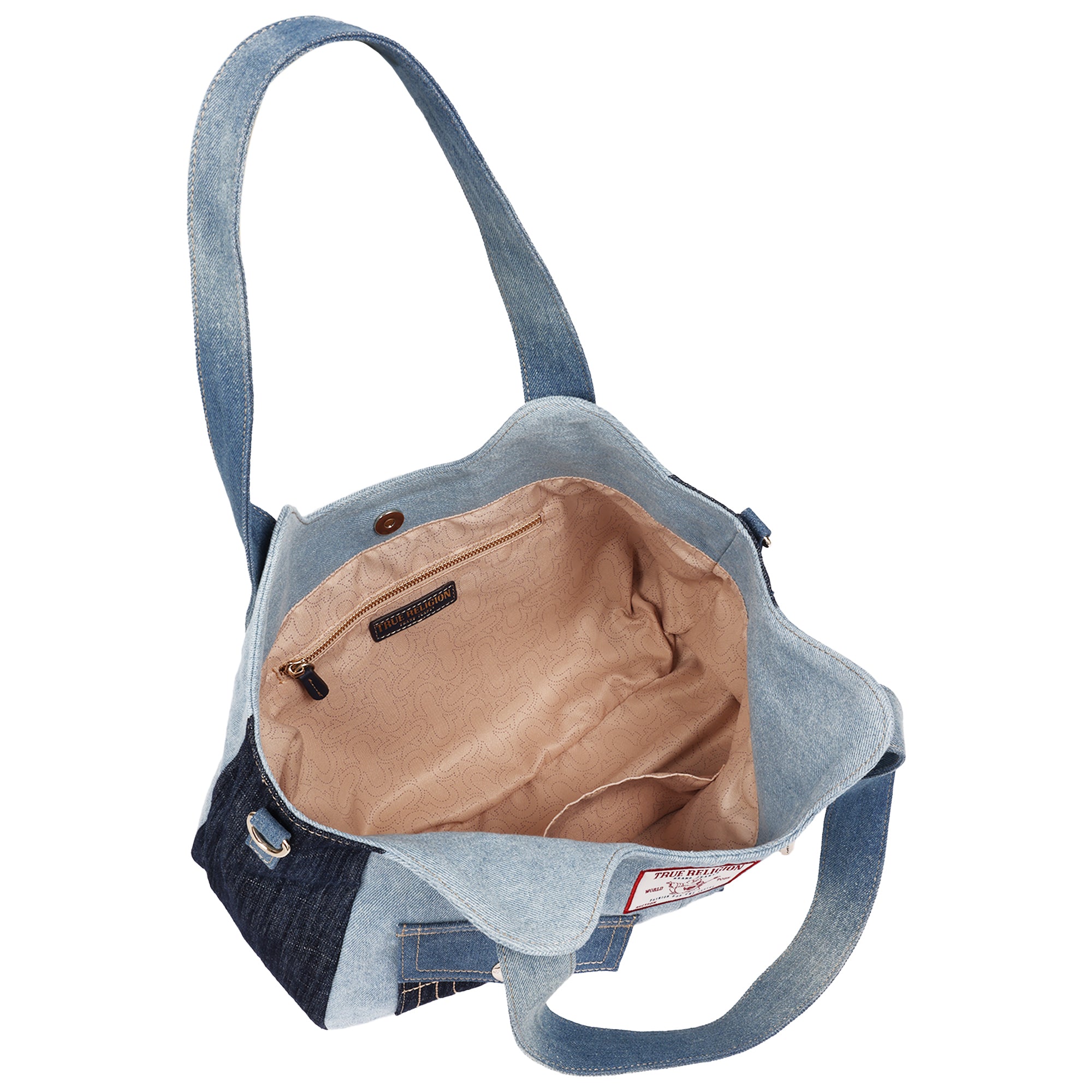 True Religion Color Block Denim Soft Satchel with Detachable Crossbody Strap