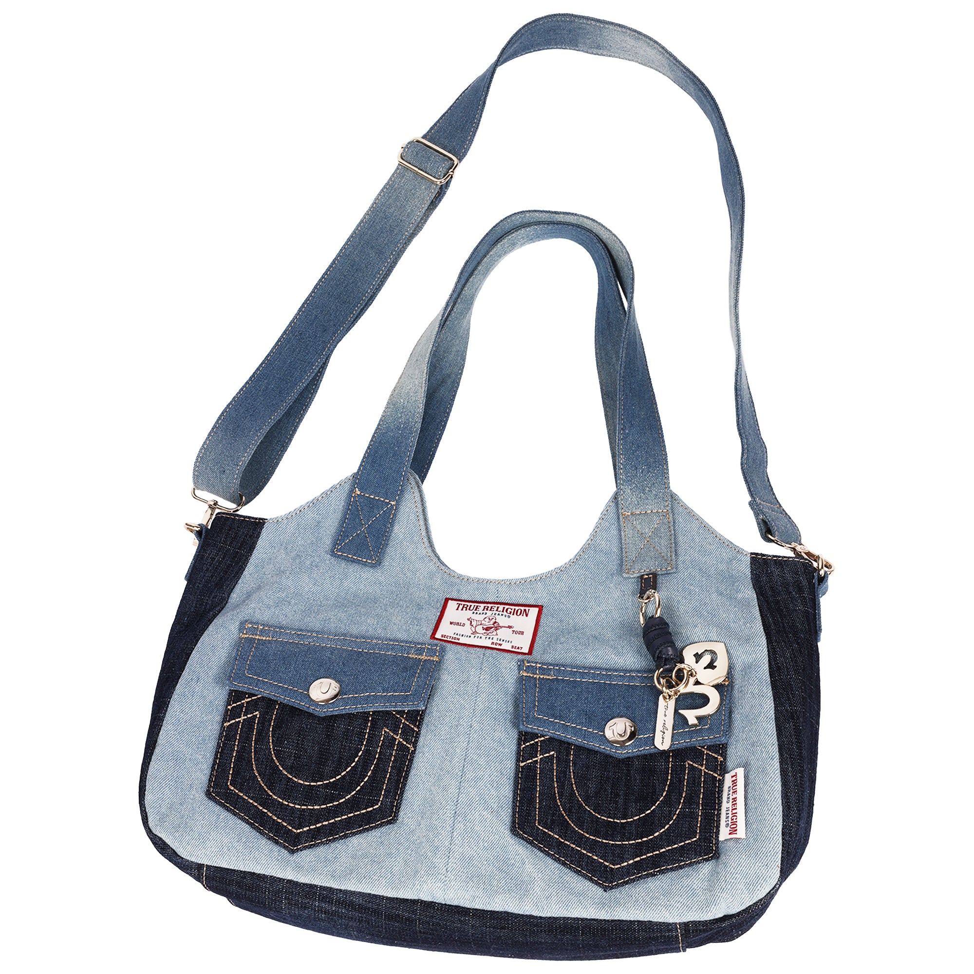 True Religion Color Block Denim Soft Satchel with Detachable Crossbody Strap