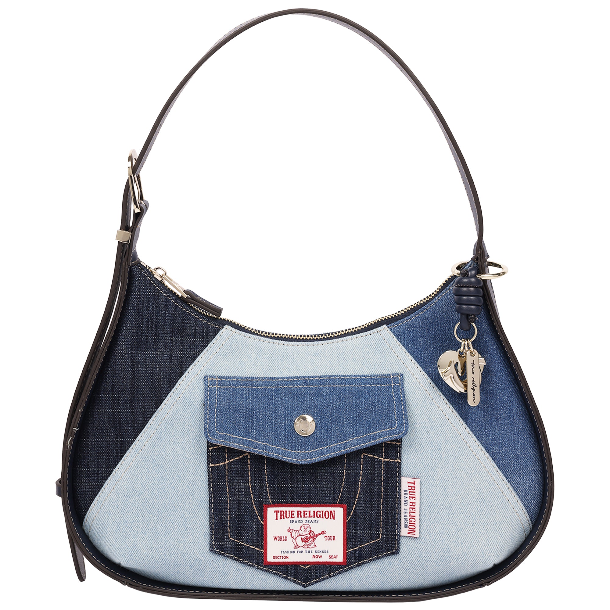 True Religion Color Block Denim Zip Top Hobo Bag with Signature Pocket Detail