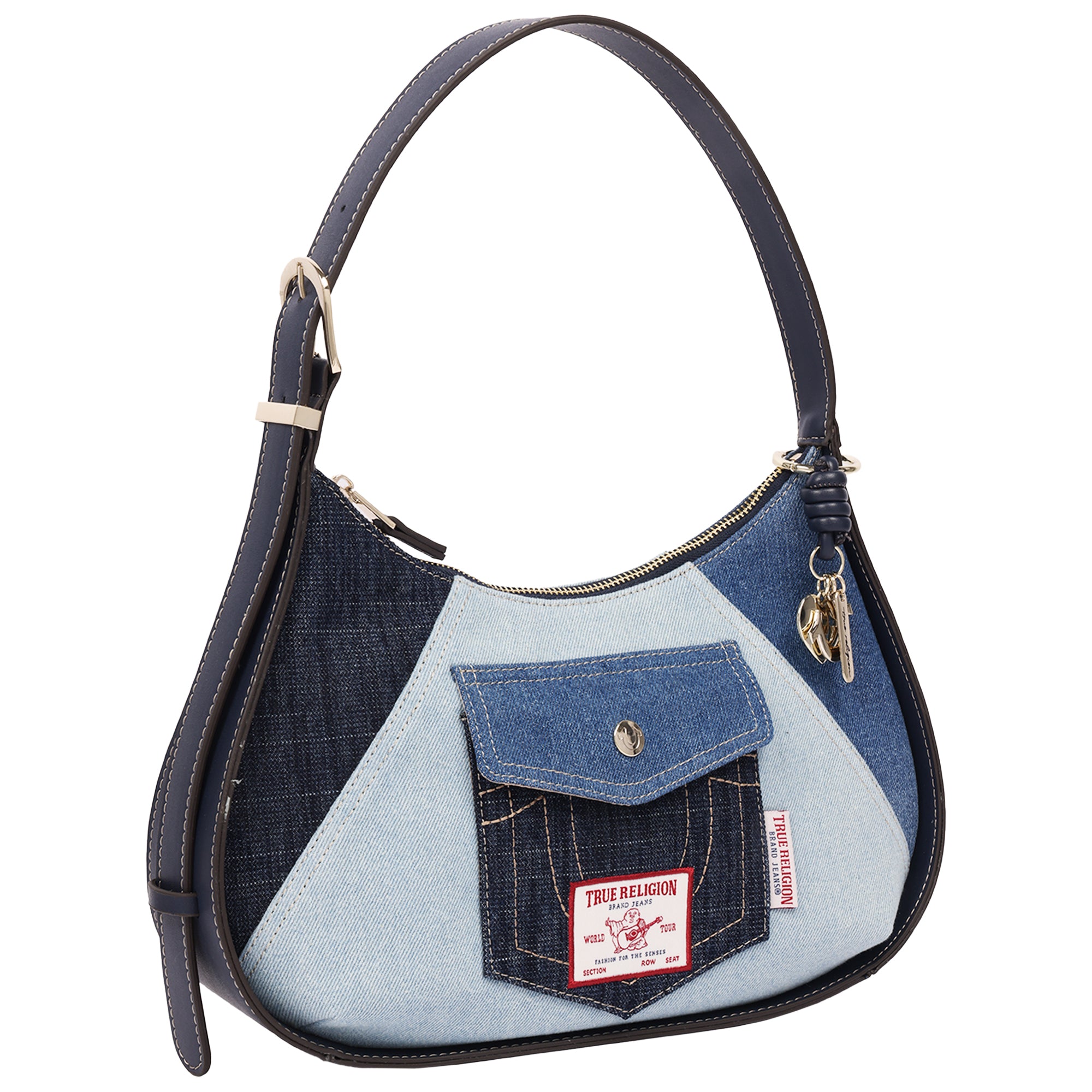 True Religion Color Block Denim Zip Top Hobo Bag with Signature Pocket Detail