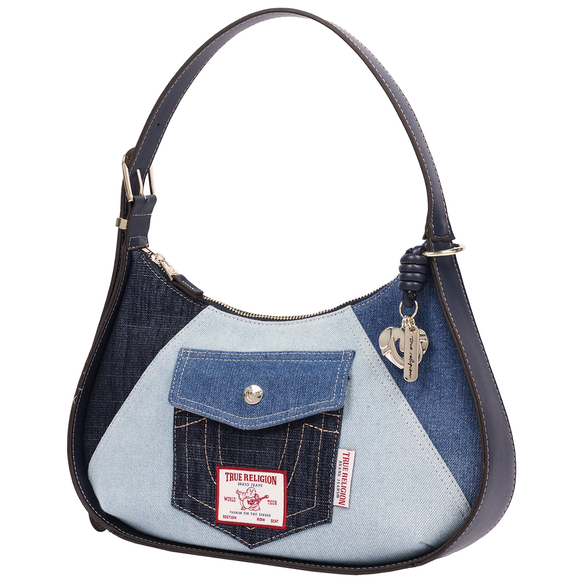 True Religion Color Block Denim Zip Top Hobo Bag with Signature Pocket Detail