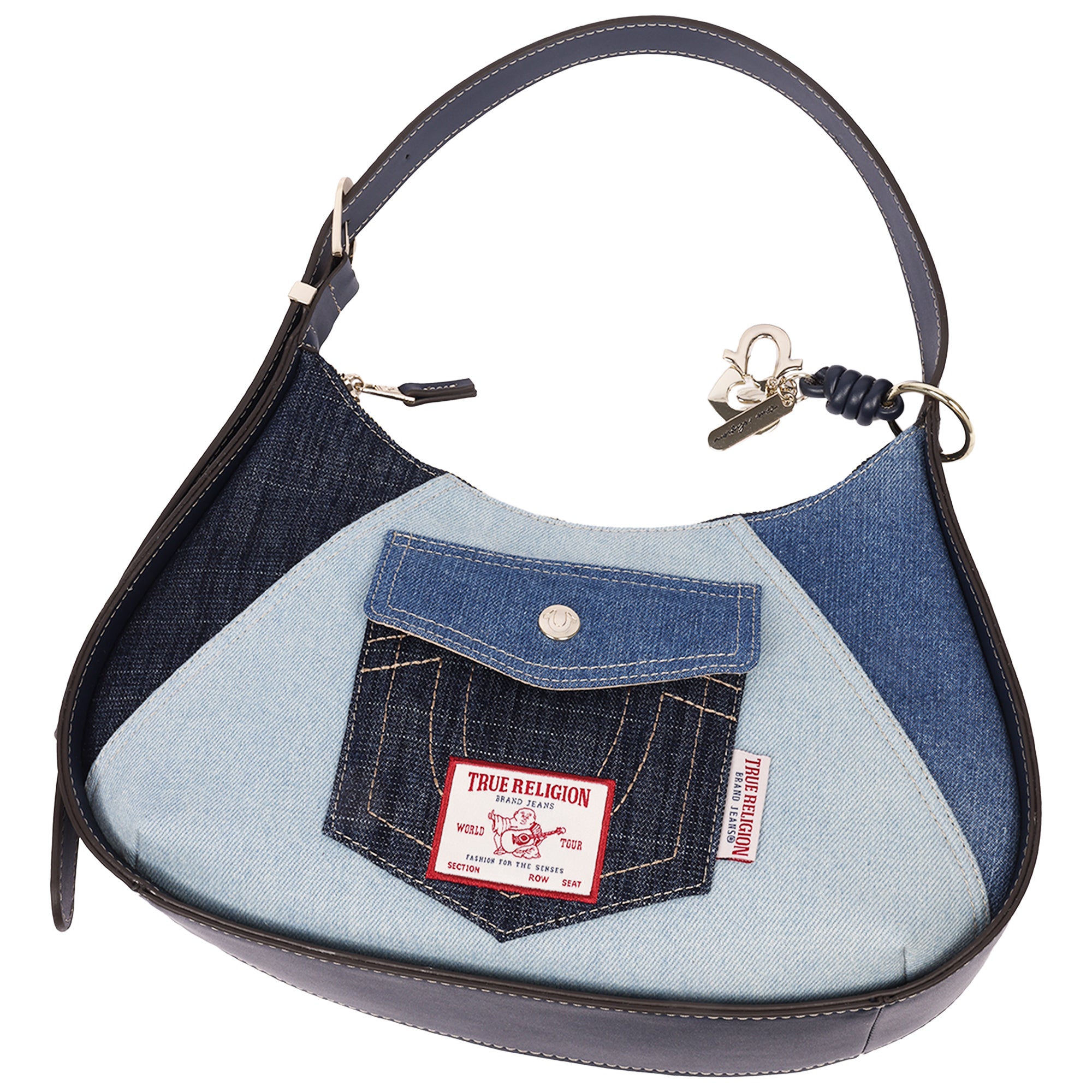 True Religion Color Block Denim Zip Top Hobo Bag with Signature Pocket Detail