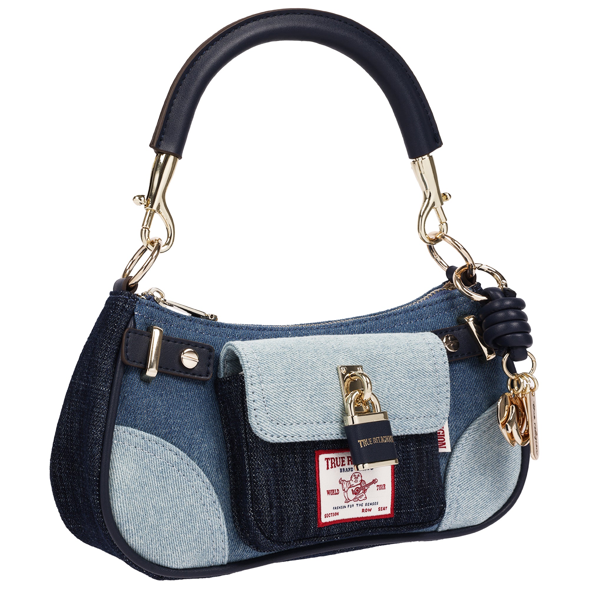 True Religion Color Block Denim Shoulder Bag with Front Flap Pocket and Lock Detail