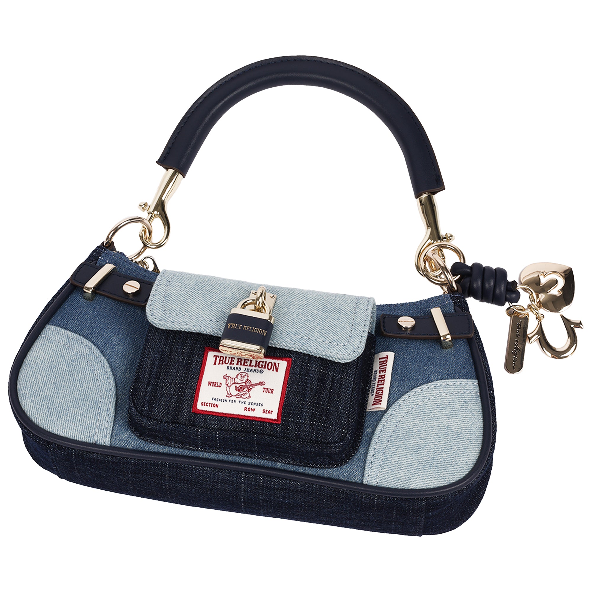 True Religion Color Block Denim Shoulder Bag with Front Flap Pocket and Lock Detail