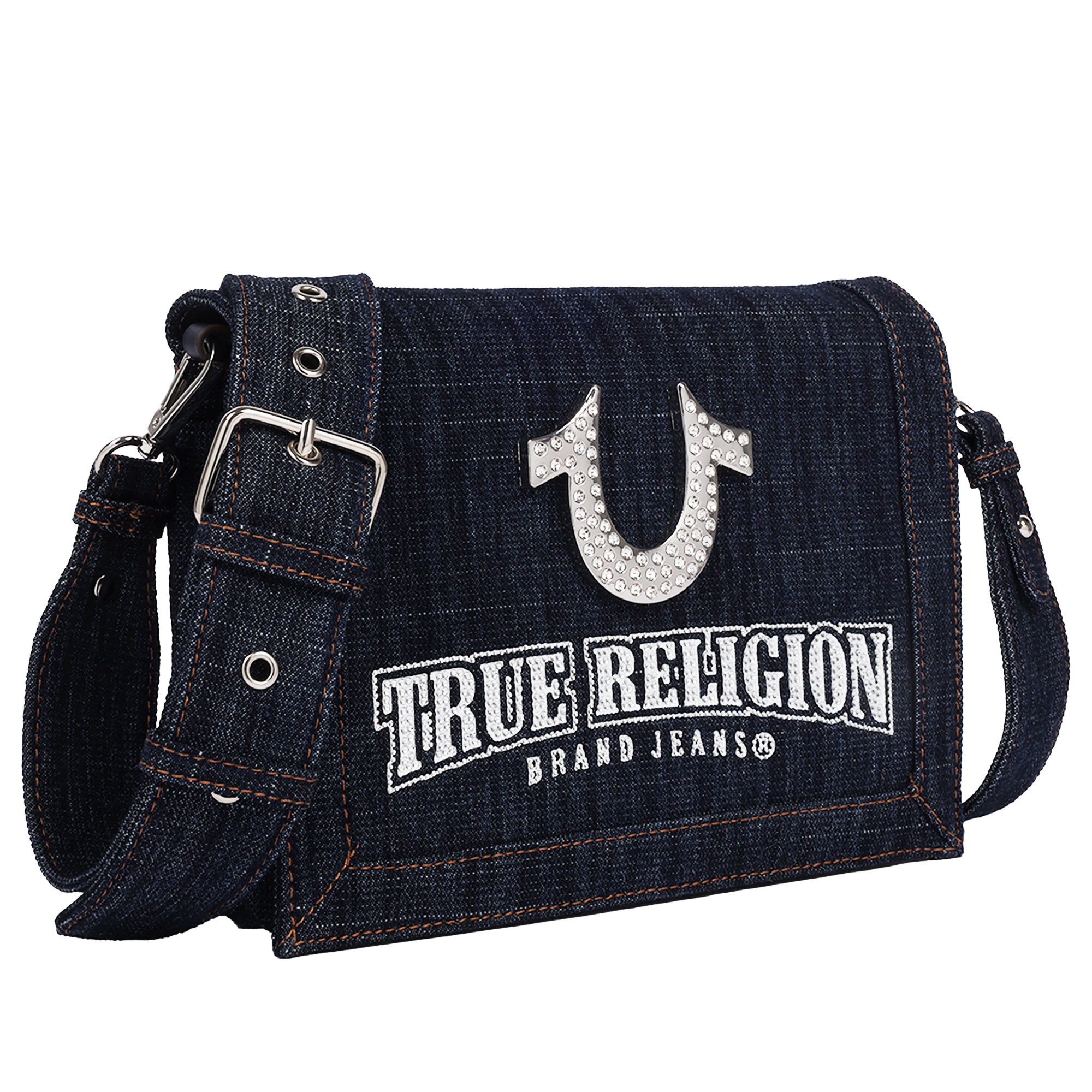 True Religion Bling Horseshoe Denim Messenger Bag with Adjustable Strap