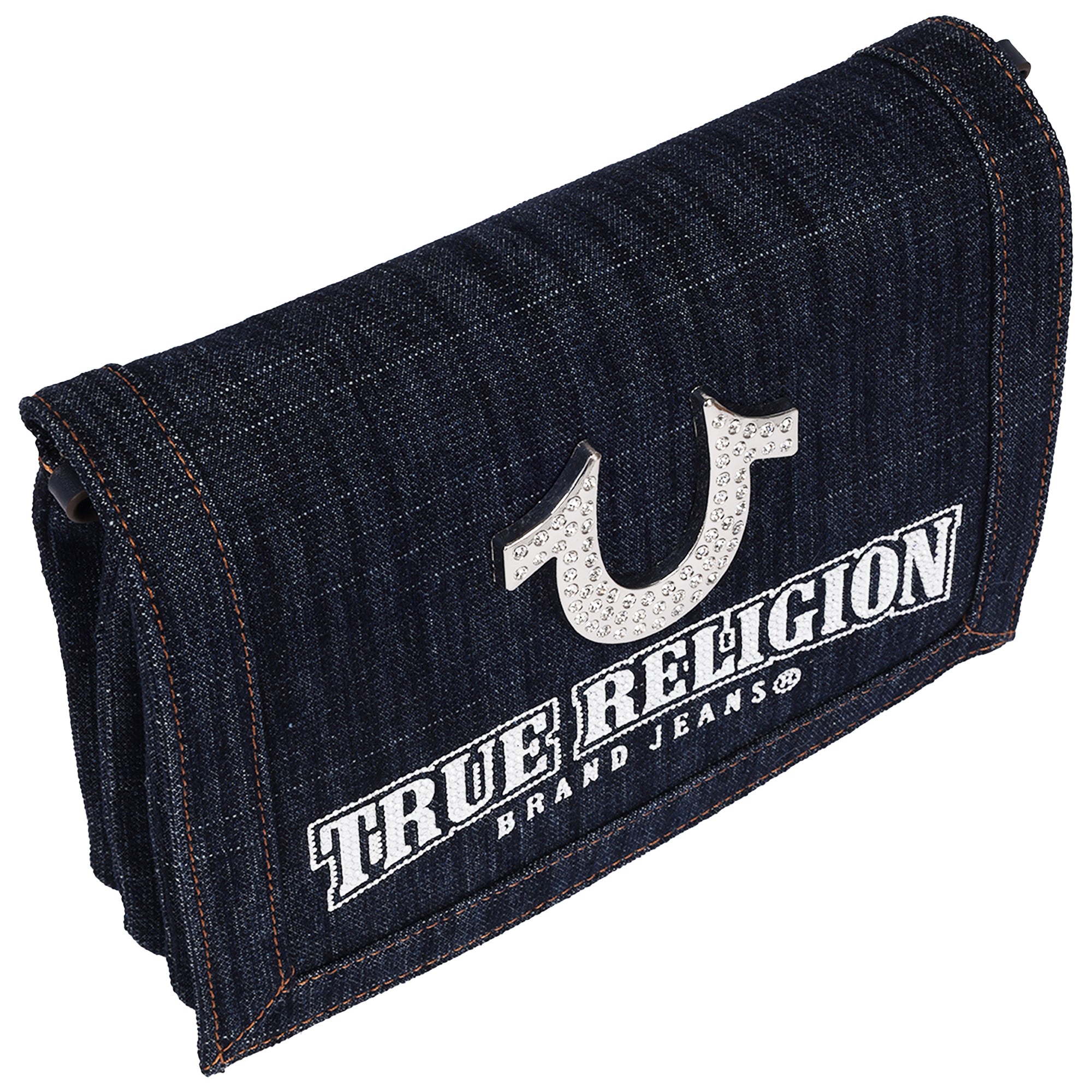 True Religion Bling Horseshoe Denim Messenger Bag with Adjustable Strap