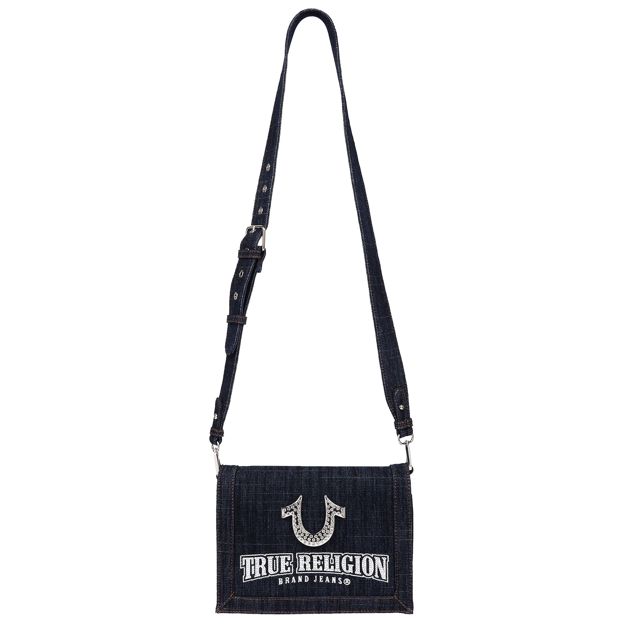 True Religion Bling Horseshoe Denim Messenger Bag with Adjustable Strap