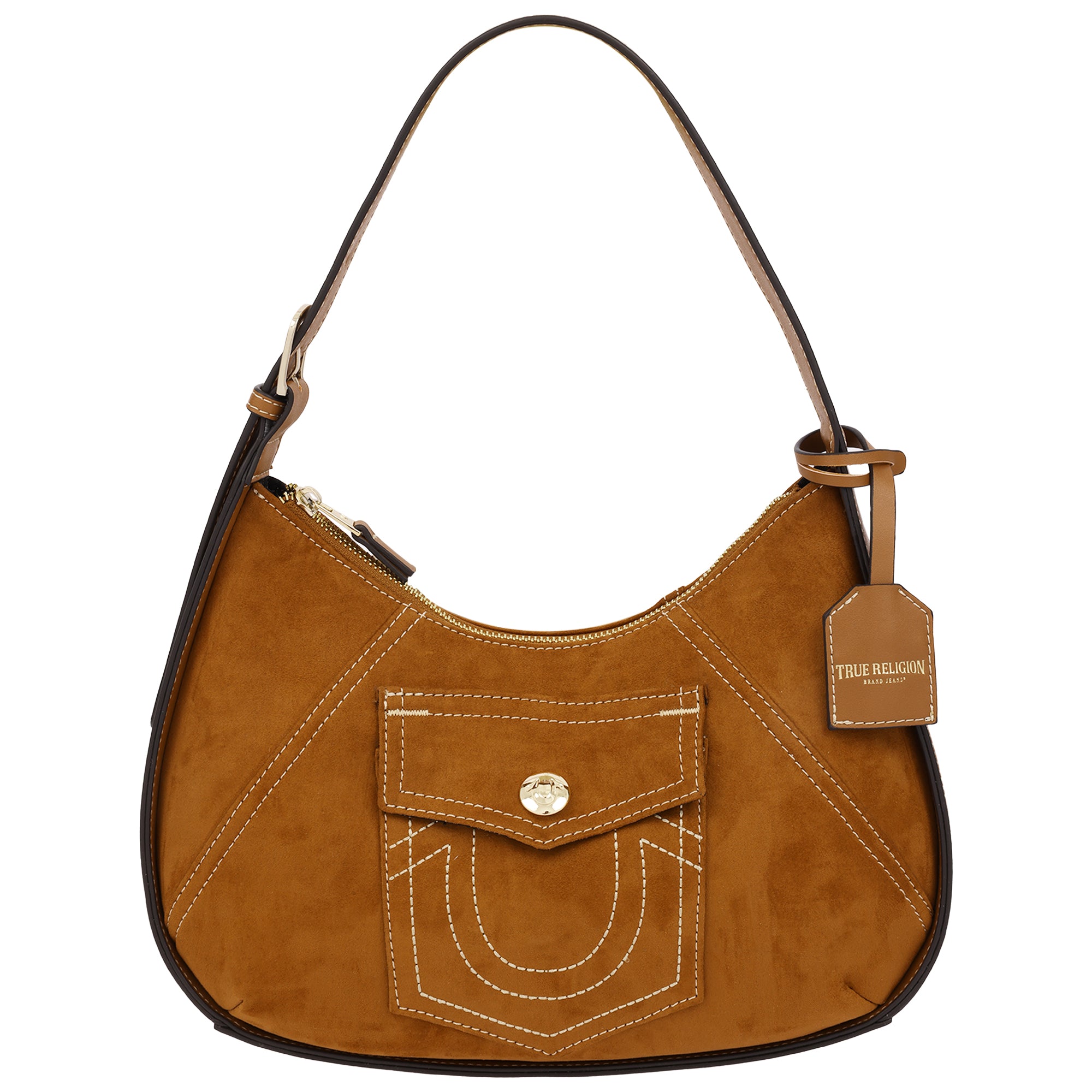 True Religion Suede PU Logo Pocket Hobo Bag – Cognac