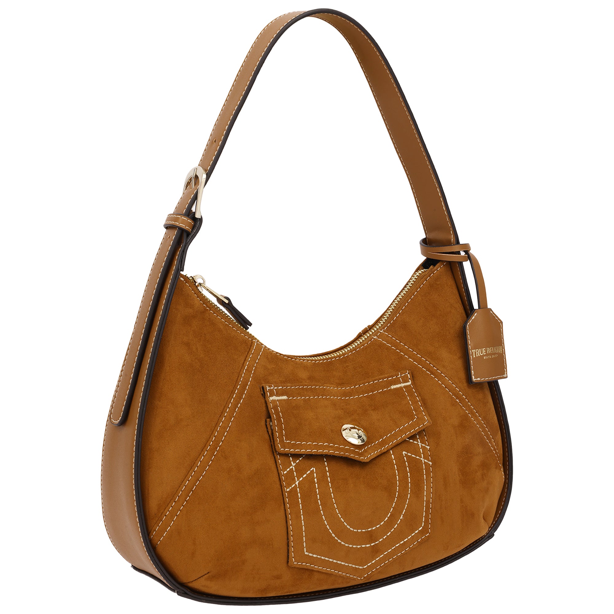 True Religion Suede PU Logo Pocket Hobo Bag – Cognac