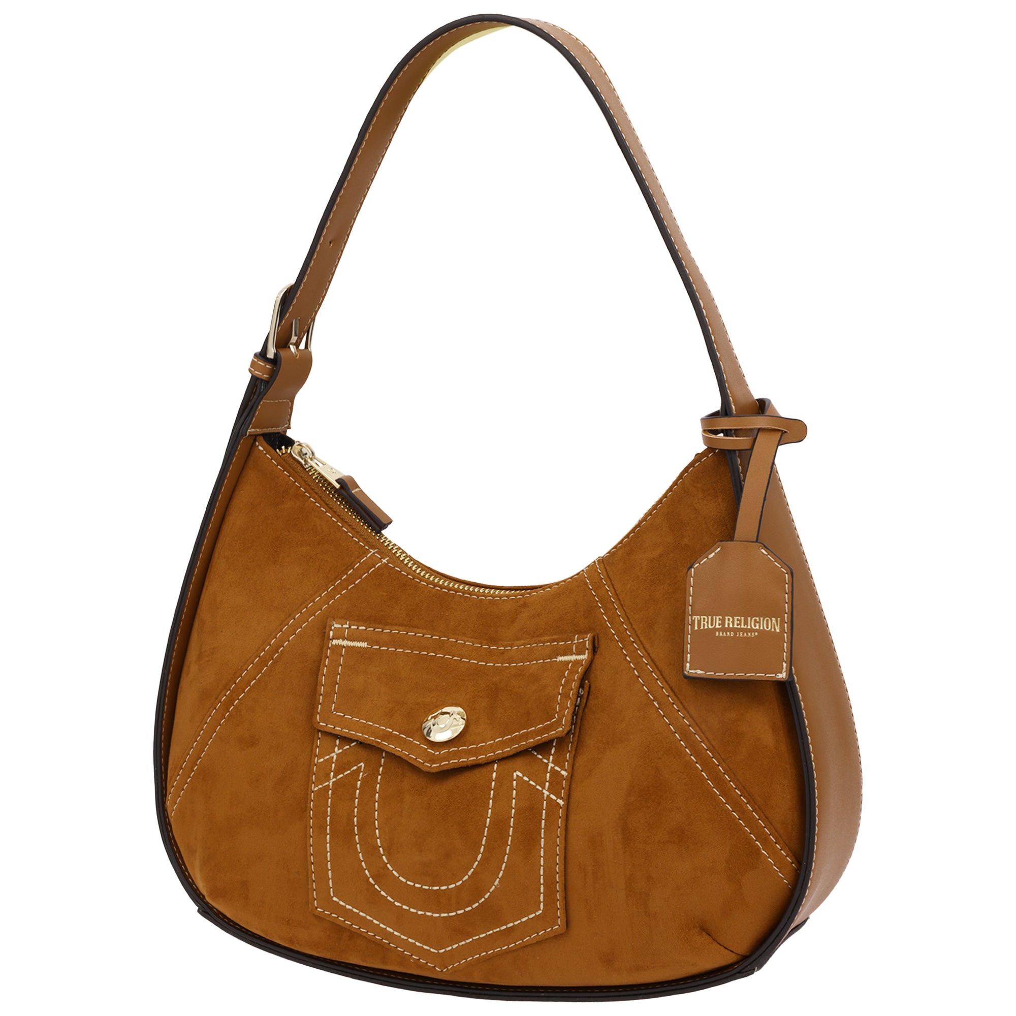 True Religion Suede PU Logo Pocket Hobo Bag – Cognac