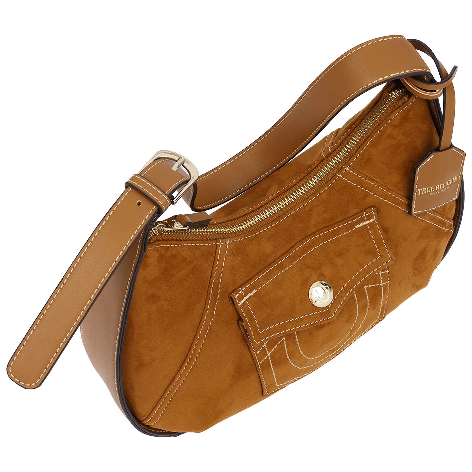 True Religion Suede PU Logo Pocket Hobo Bag – Cognac