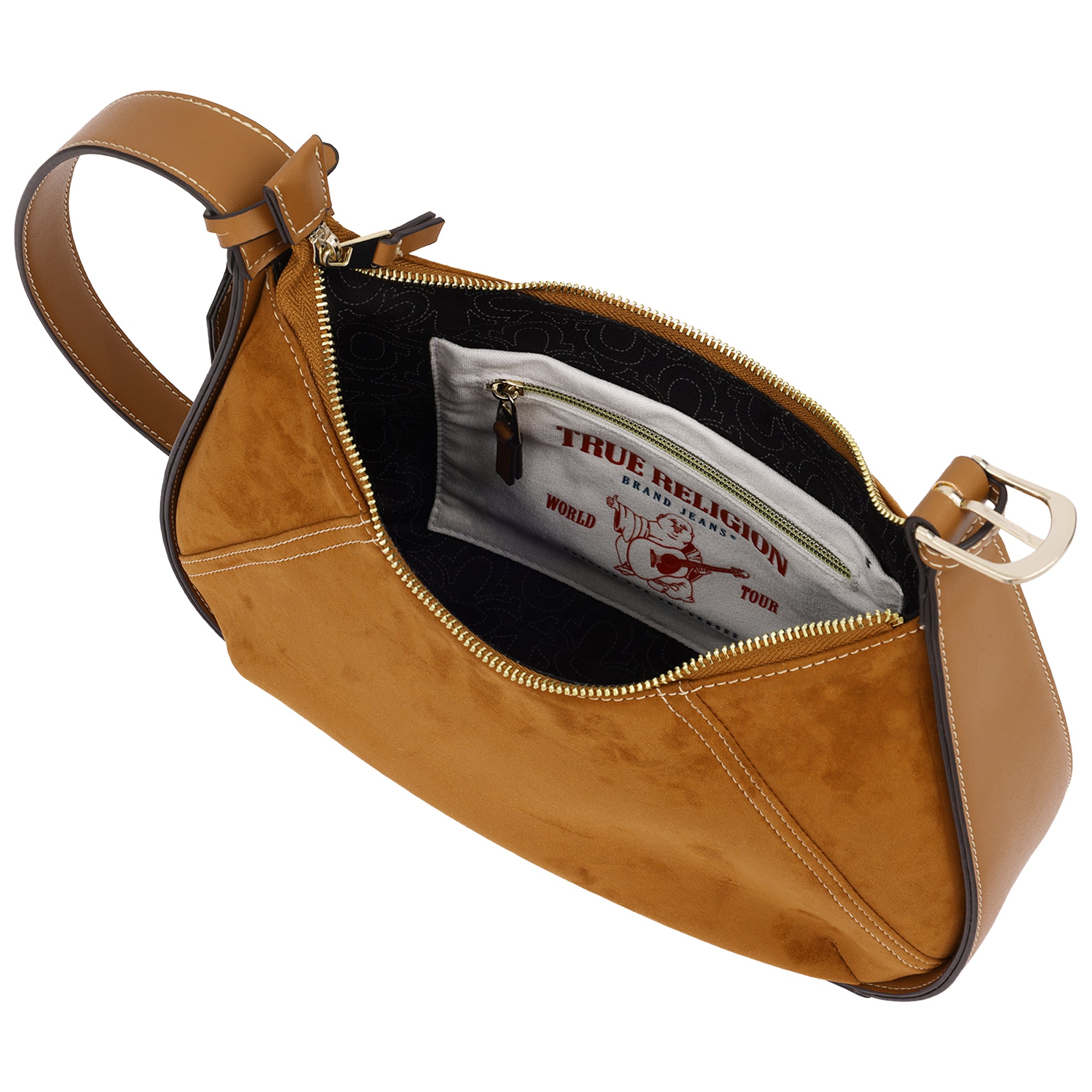 True Religion Suede PU Logo Pocket Hobo Bag – Cognac