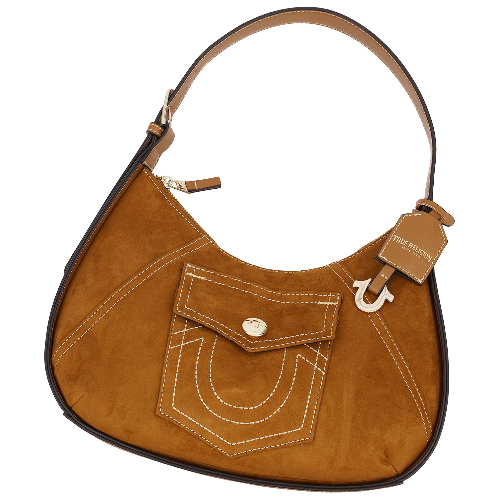 True Religion Suede PU Logo Pocket Hobo Bag – Cognac