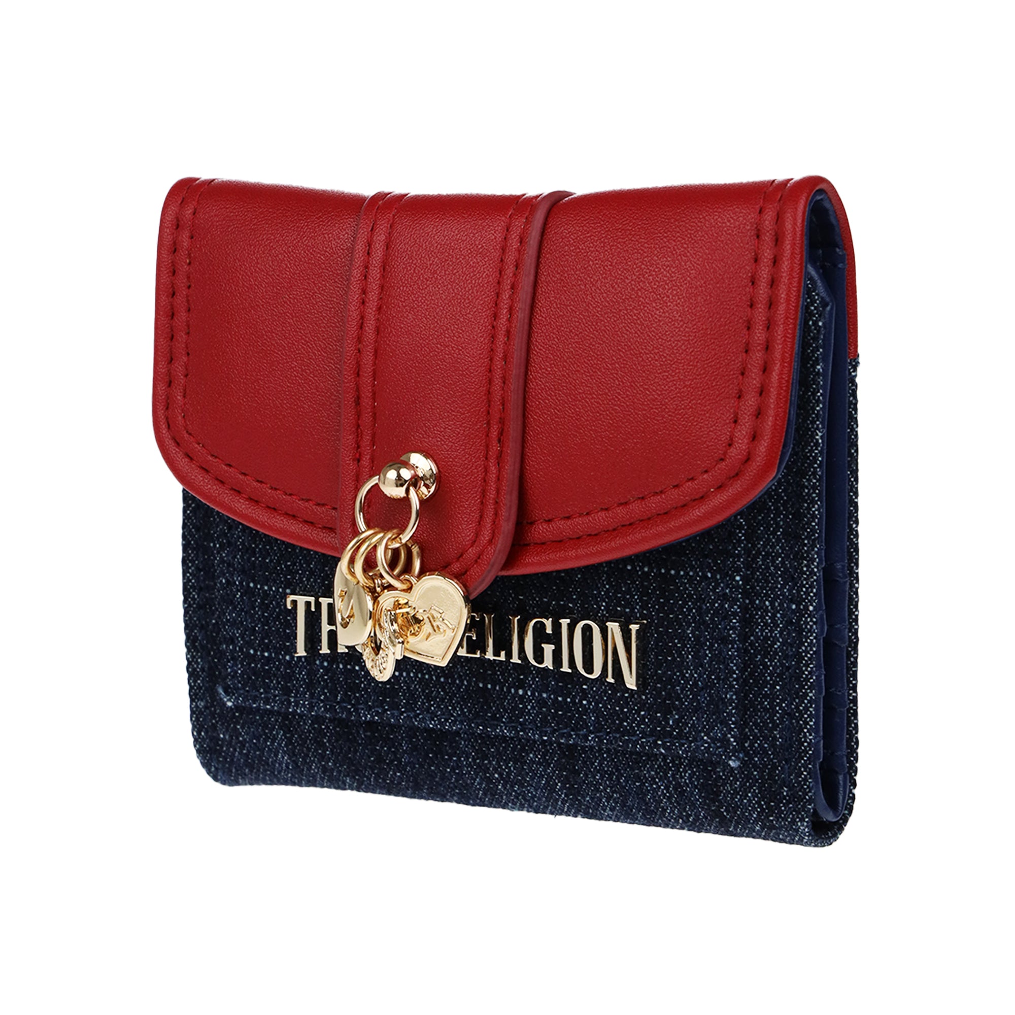 True Religion Charm Dangle PU Flap Trifold Wallet – Denim & Red