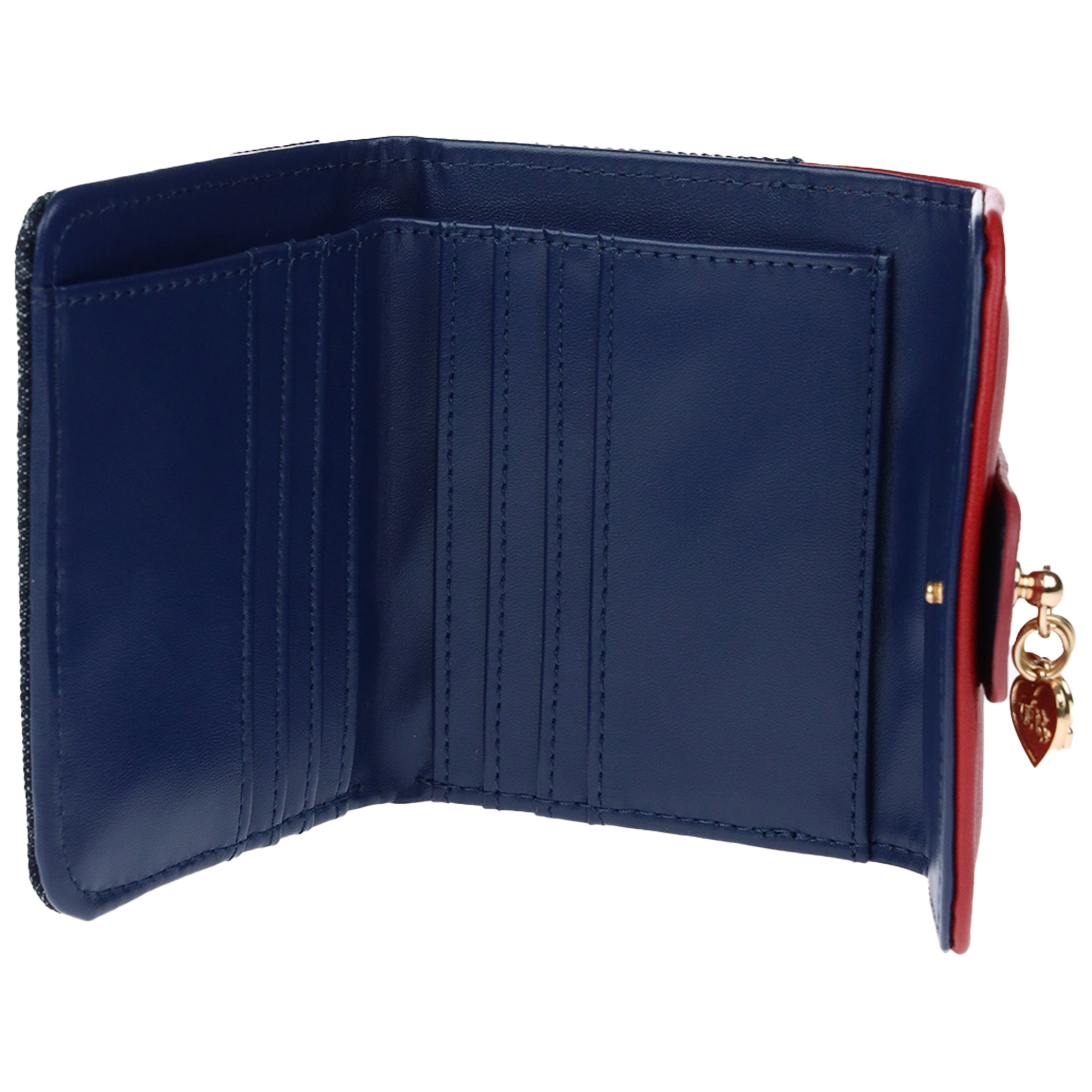 True Religion Charm Dangle PU Flap Trifold Wallet – Denim & Red