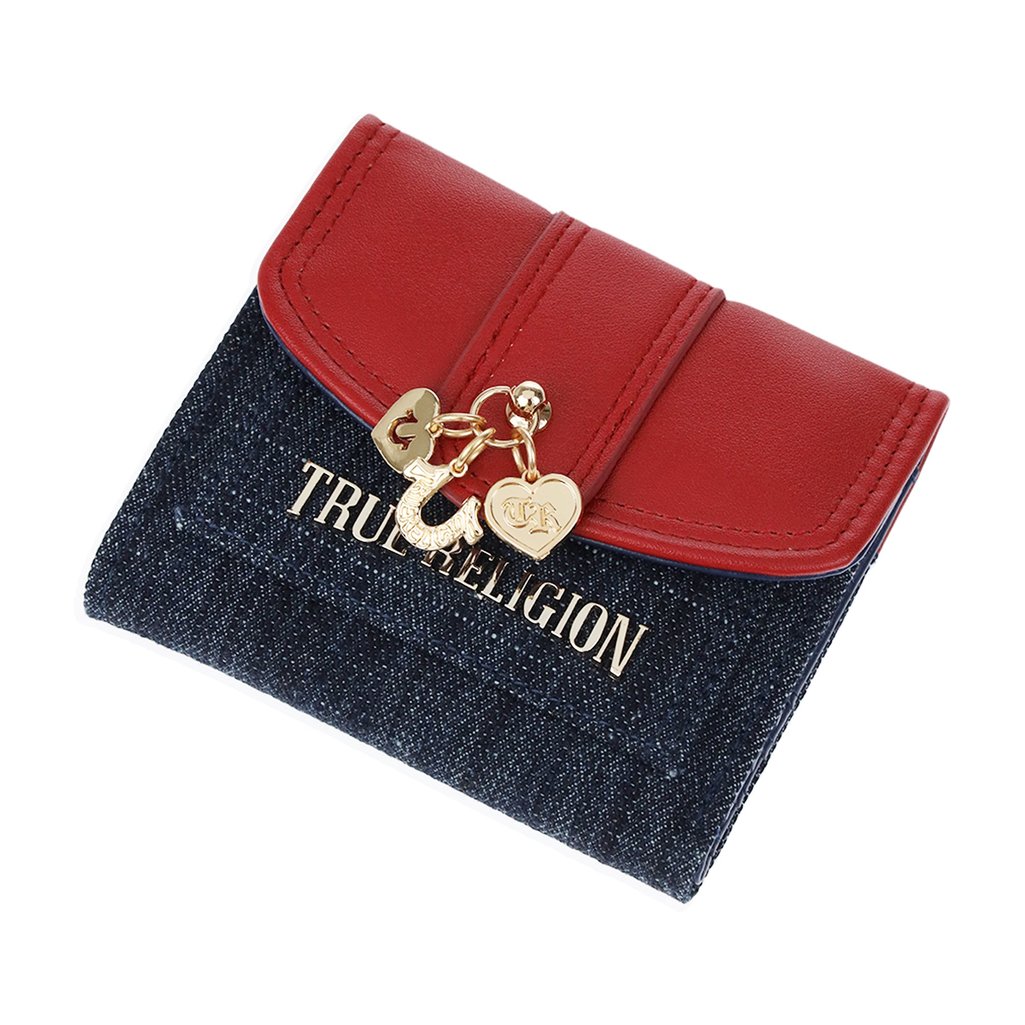 True Religion Charm Dangle PU Flap Trifold Wallet – Denim & Red