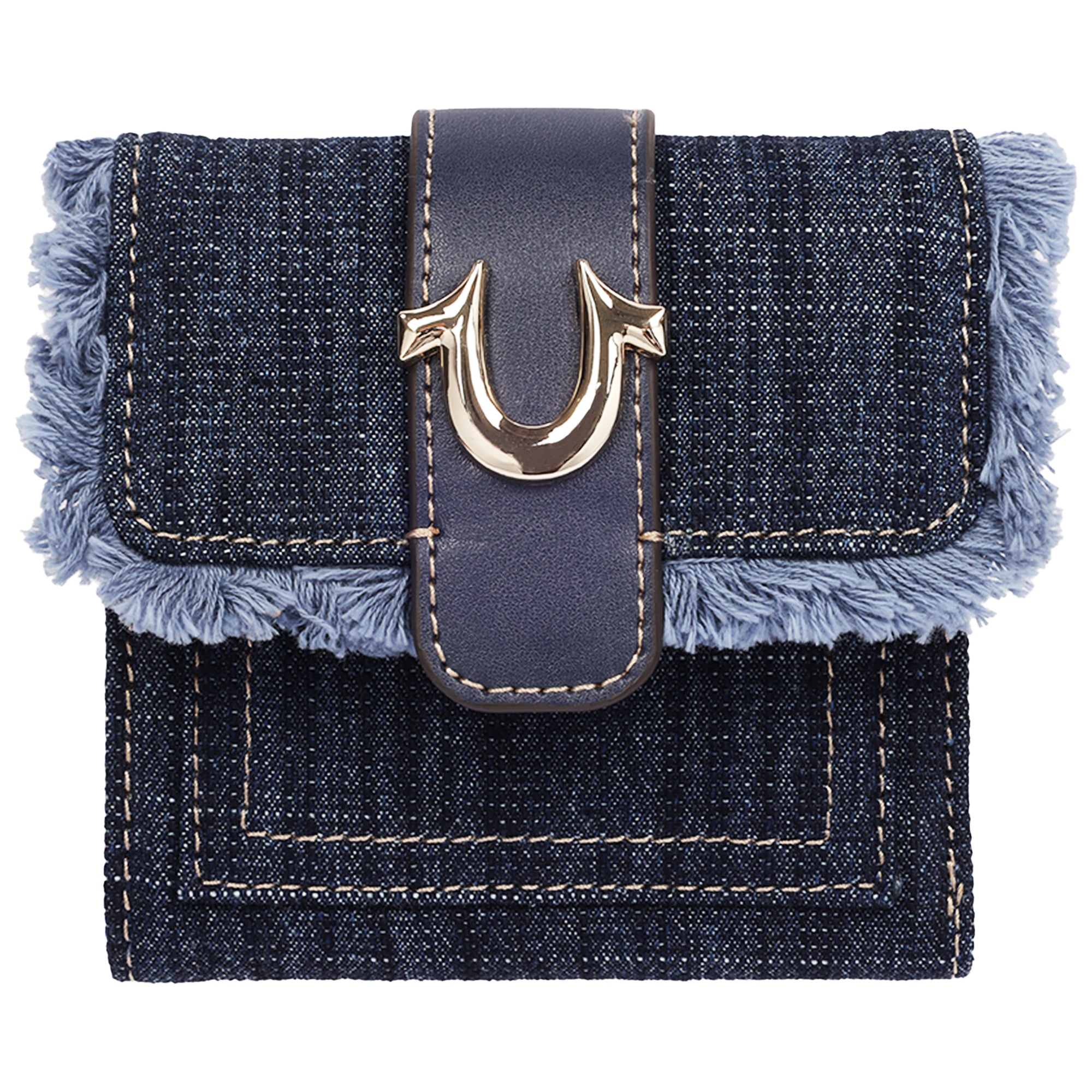 True Religion Frayed Flap Small Trifold Wallet with Horseshoe Hardware – Dark Denim