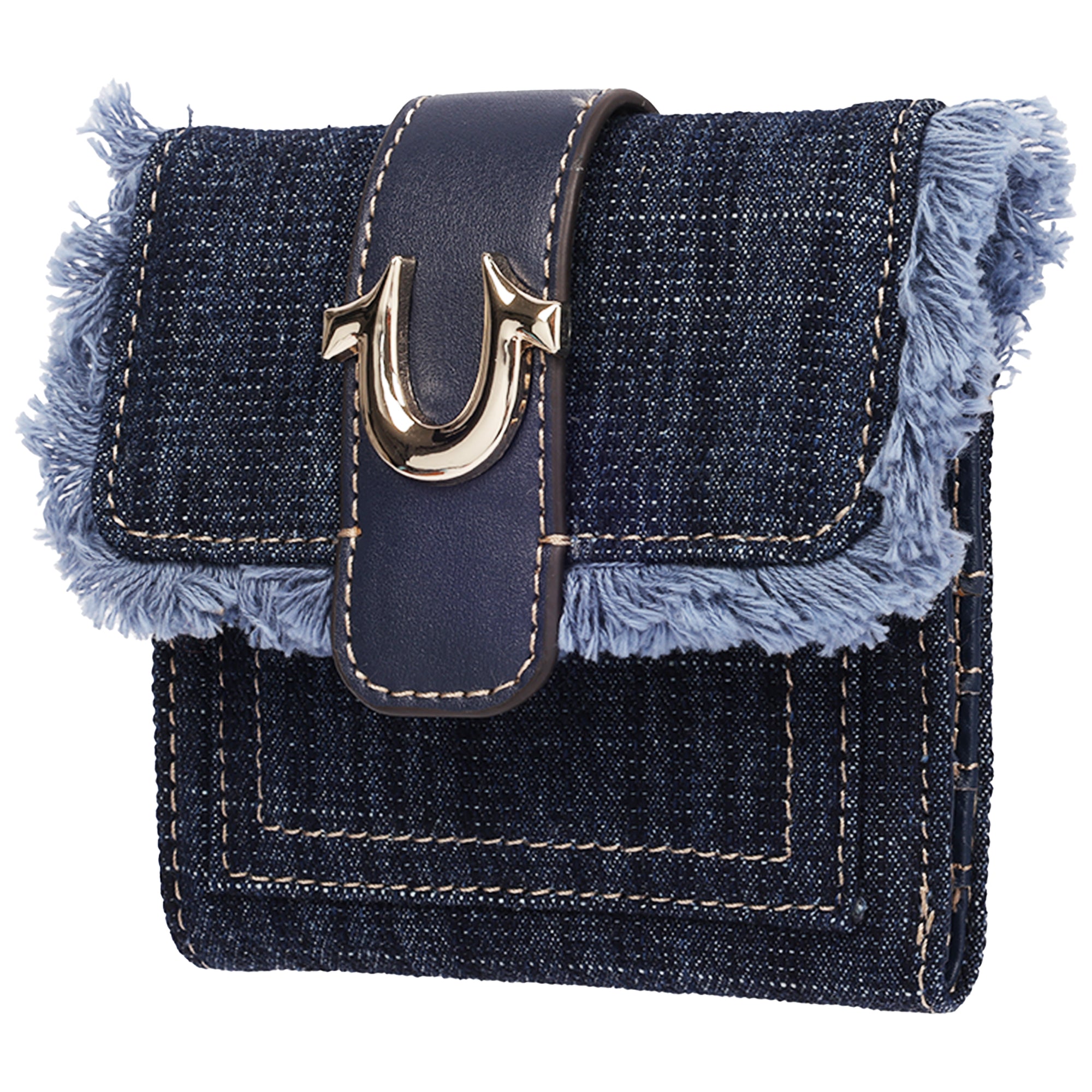 True Religion Frayed Flap Small Trifold Wallet with Horseshoe Hardware – Dark Denim