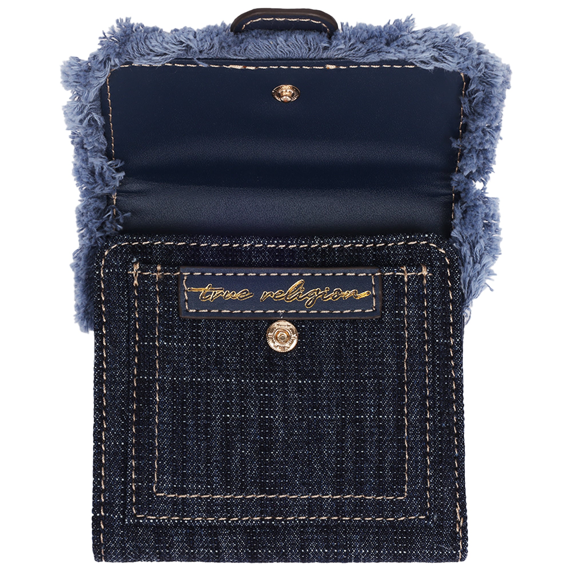True Religion Frayed Flap Small Trifold Wallet with Horseshoe Hardware – Dark Denim
