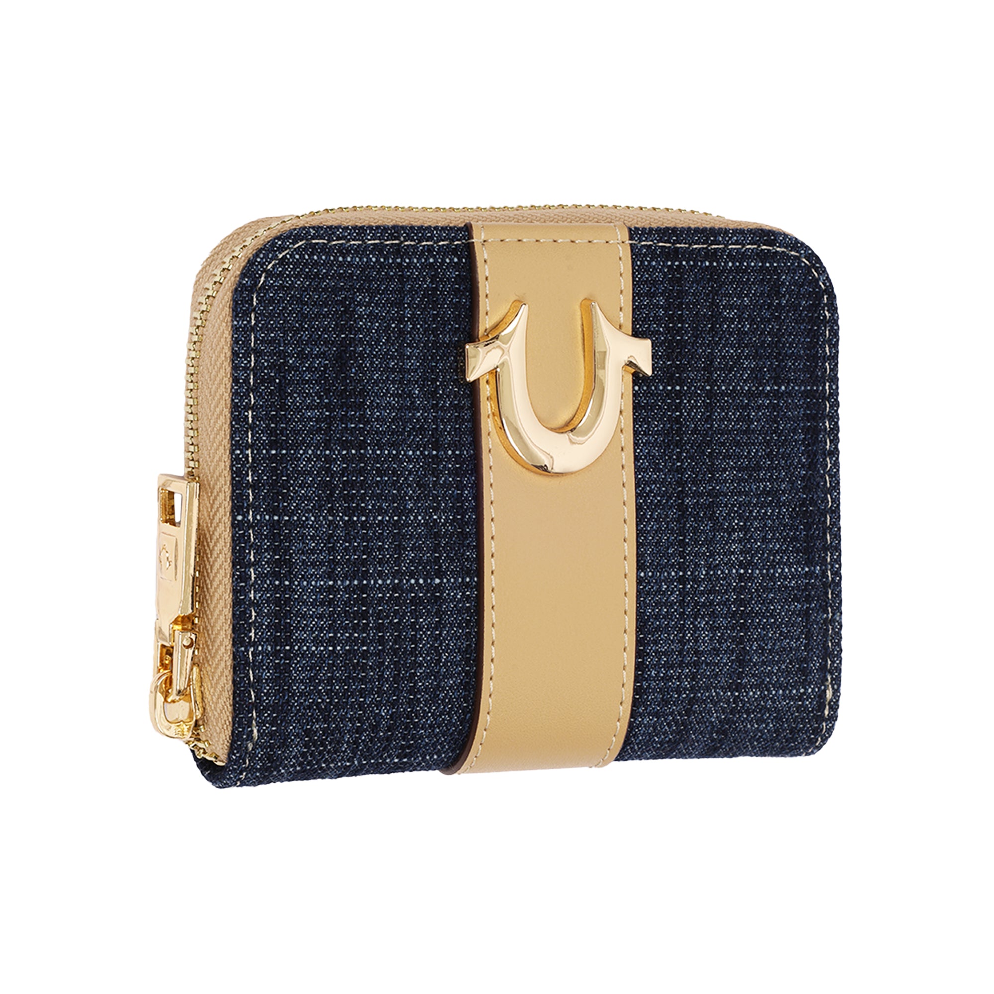 True Religion Denim & PU Small Zip Around Wallet with Horseshoe Hardware