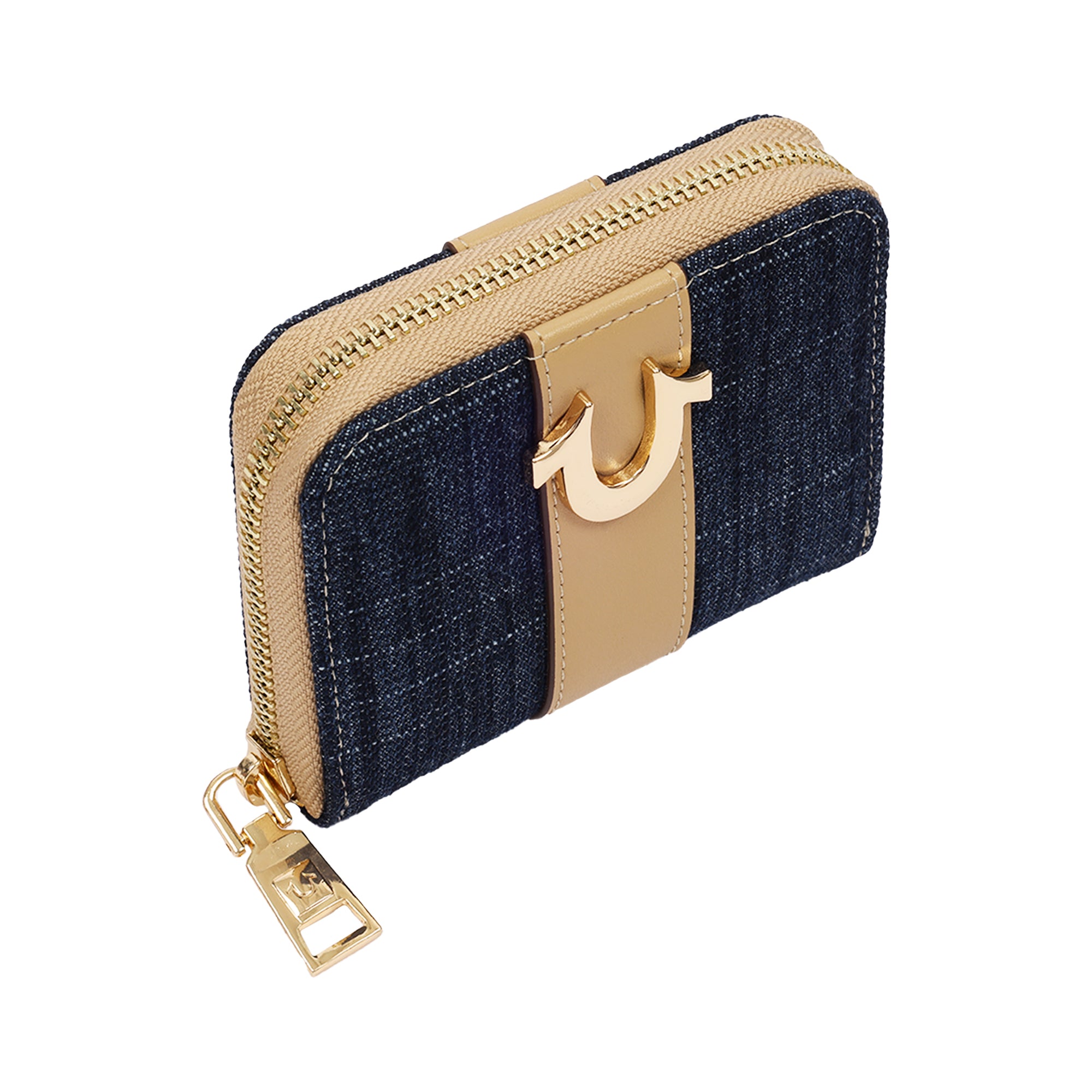 True Religion Denim & PU Small Zip Around Wallet with Horseshoe Hardware