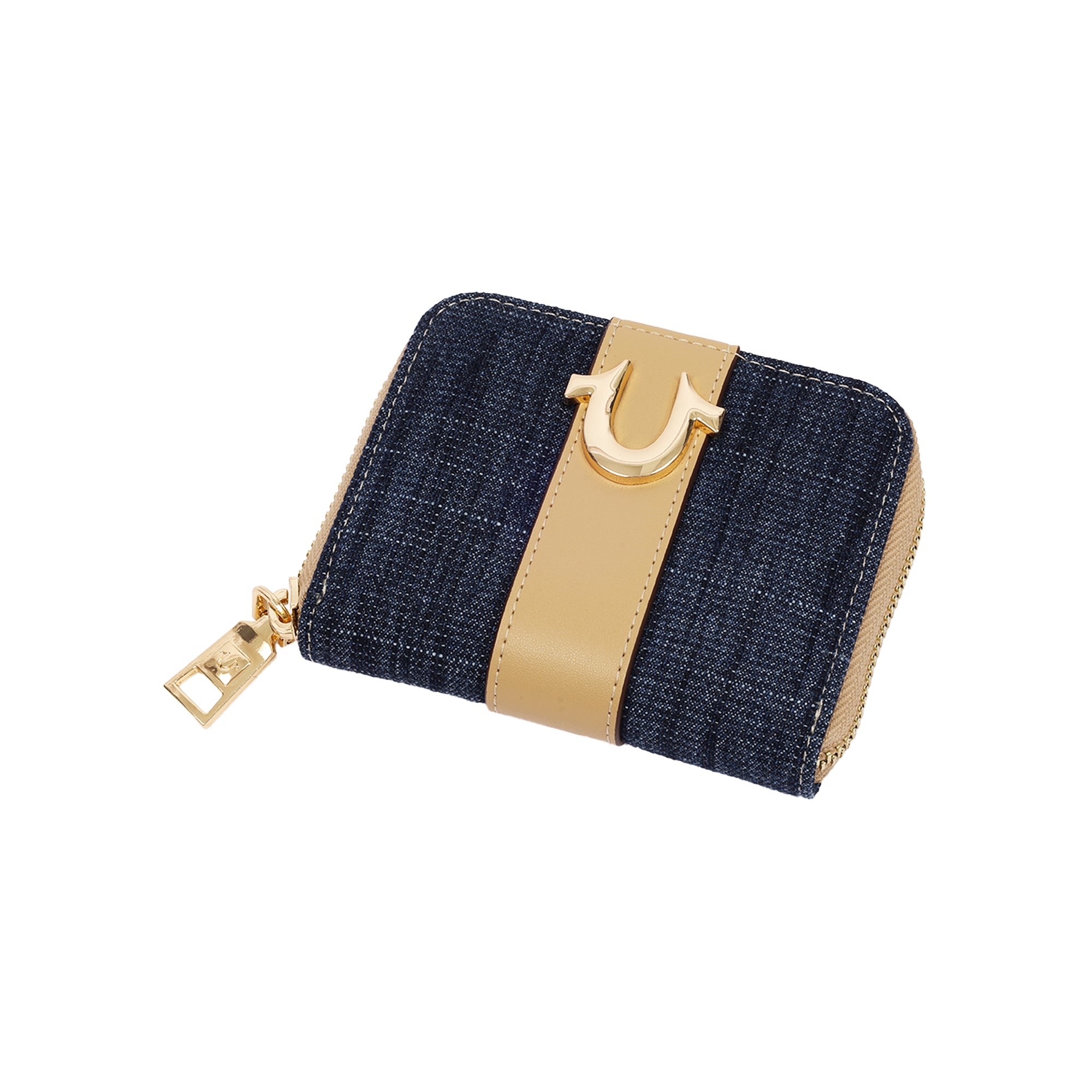 True Religion Denim & PU Small Zip Around Wallet with Horseshoe Hardware