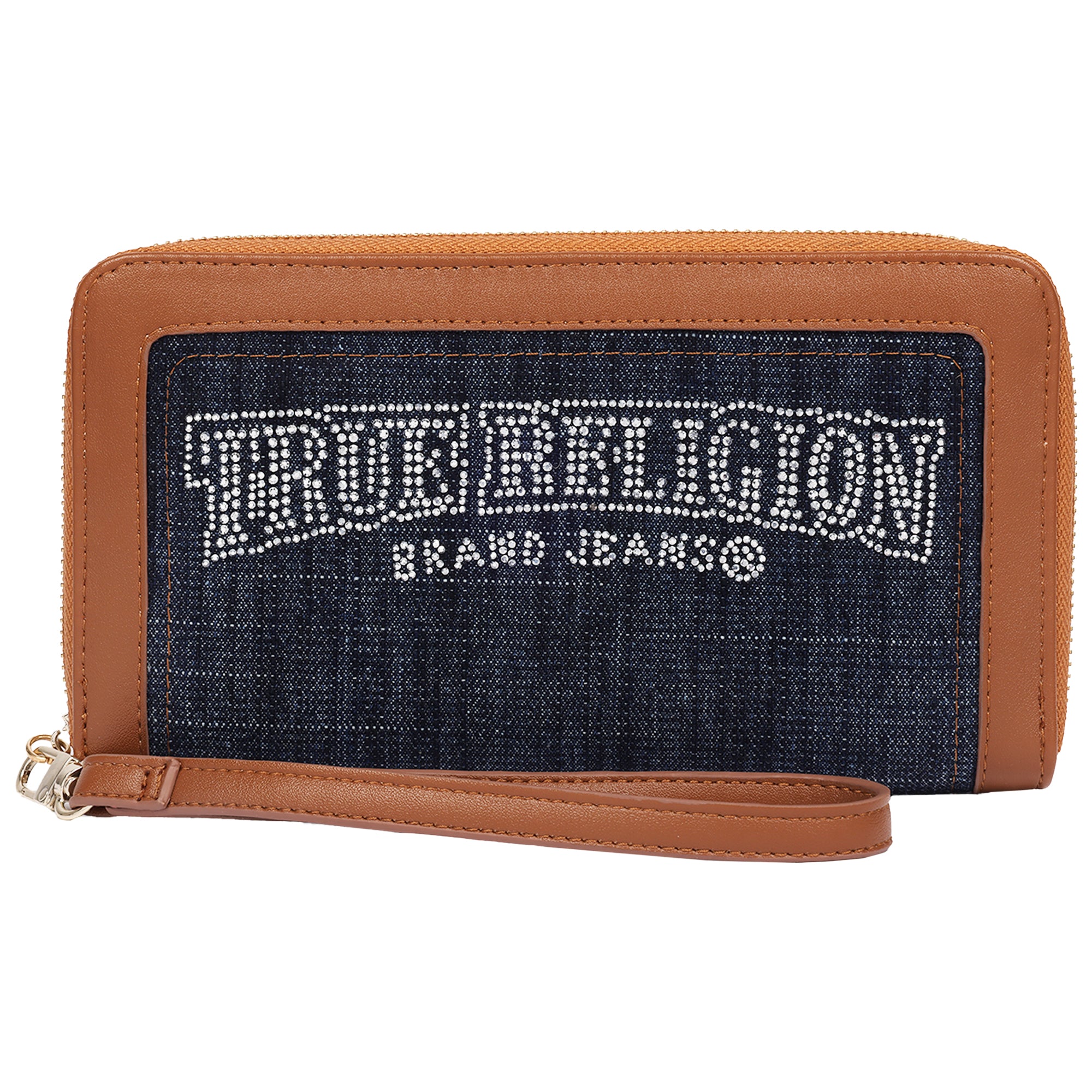 True Religion Studded Banner Zip Around Wallet with Wristlet Strap – Dark Denim