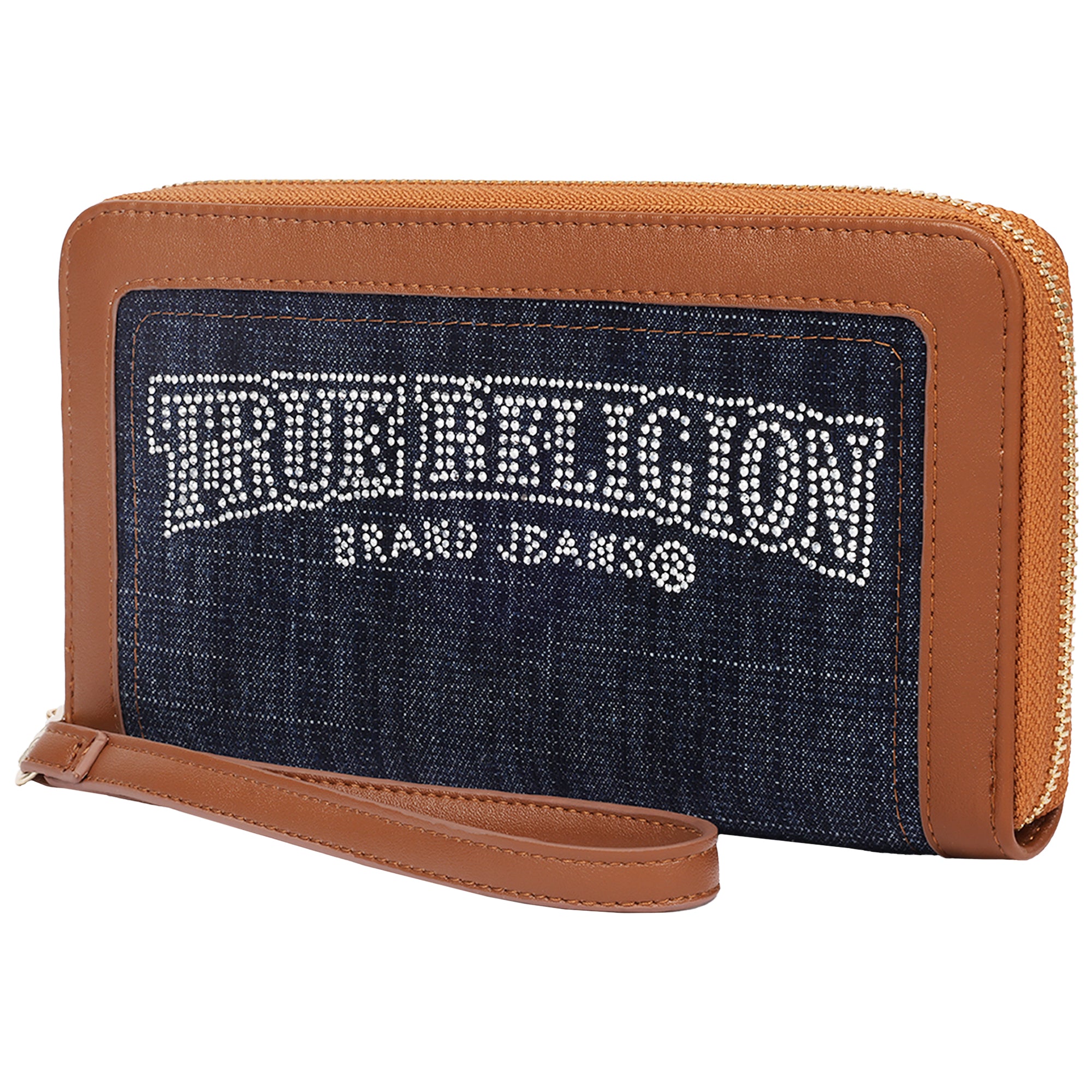 True Religion Studded Banner Zip Around Wallet with Wristlet Strap – Dark Denim