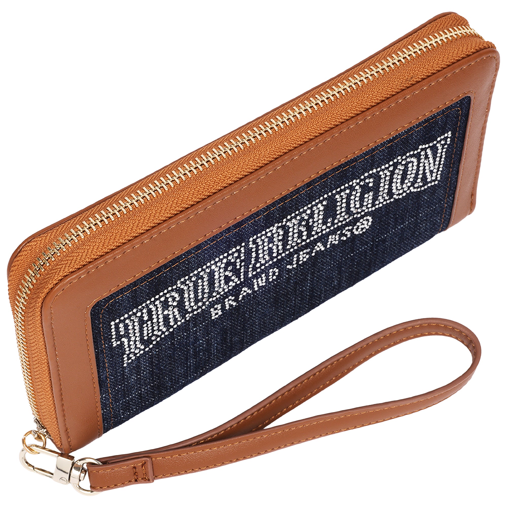 True Religion Studded Banner Zip Around Wallet with Wristlet Strap – Dark Denim