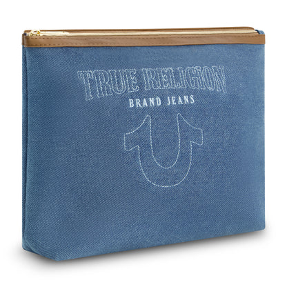 True Religions Trapazoid zip cosmetic bag, DENIM