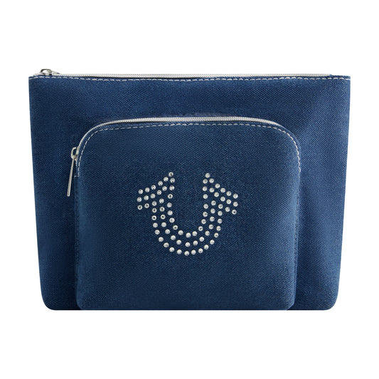 True Religion Trapazoid zip cosmetic bag with exterior zip pocket, DENIM