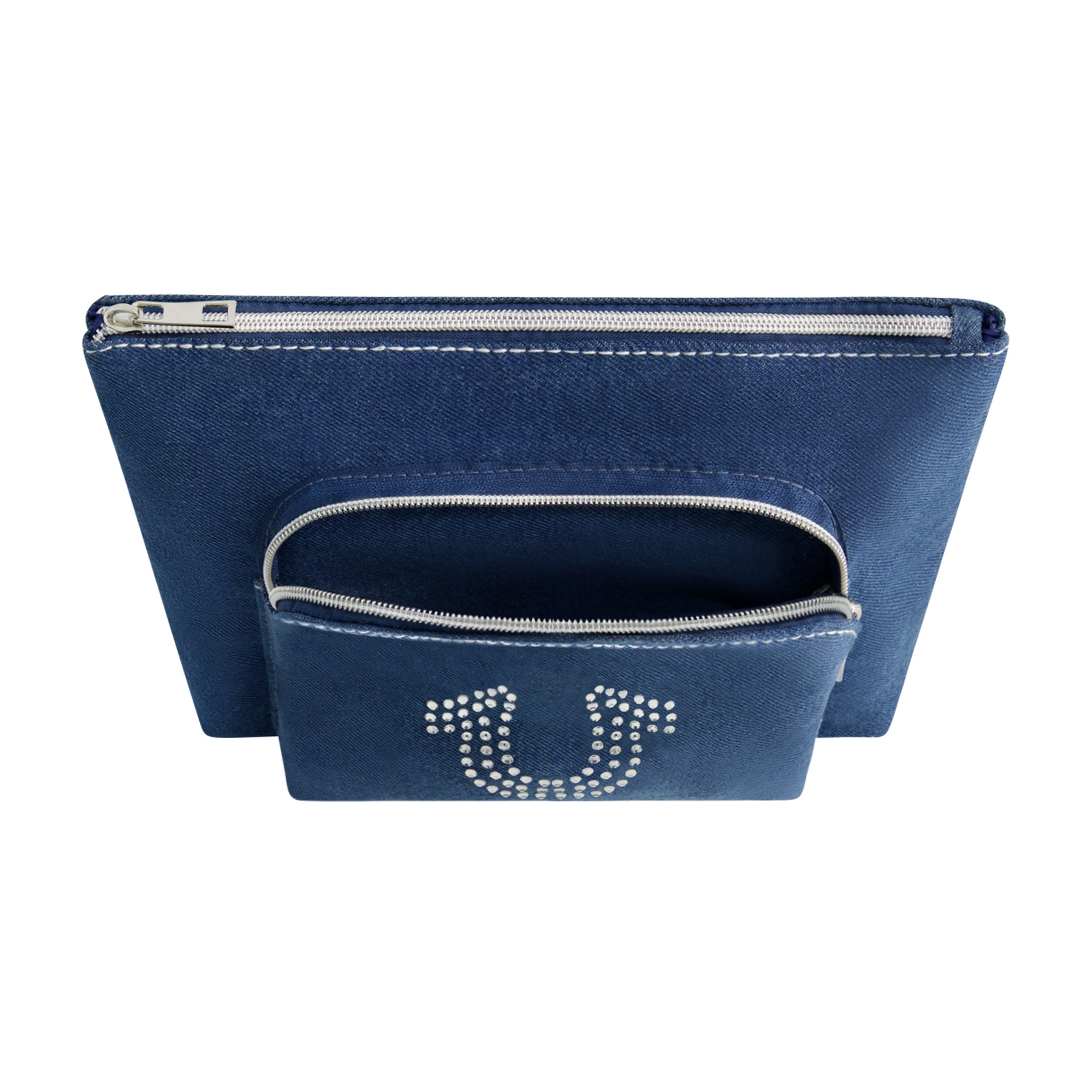 True Religion Trapazoid zip cosmetic bag with exterior zip pocket, DENIM