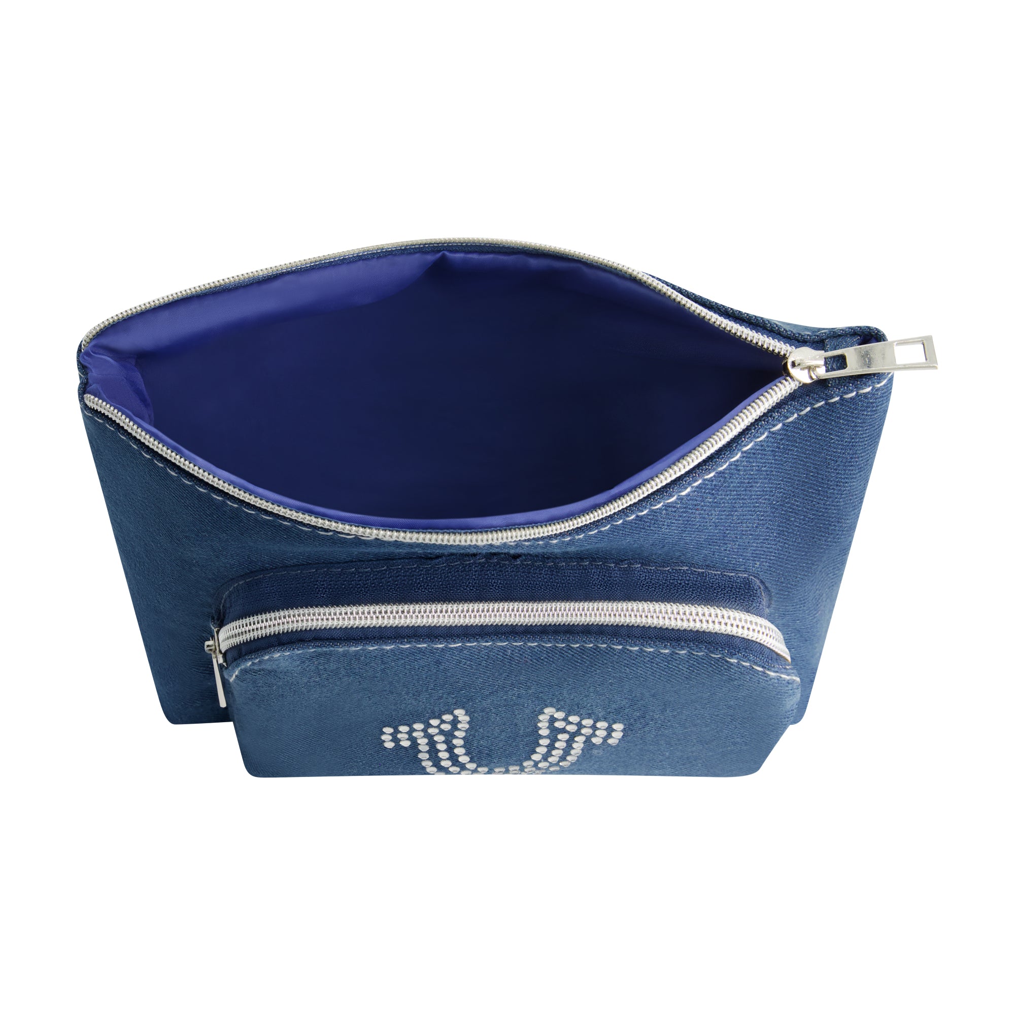 True Religion Trapazoid zip cosmetic bag with exterior zip pocket, DENIM