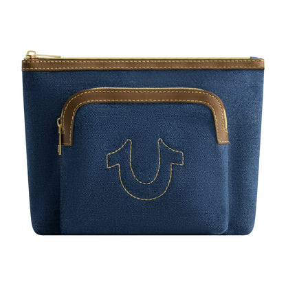 True Religion Trapazoid zip cosmetic bag with exterior zip pocket, DENIM