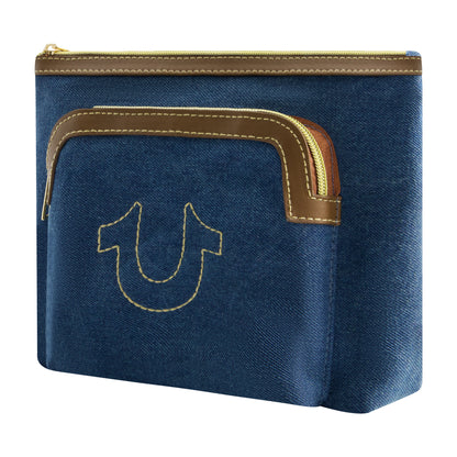 True Religion Trapazoid zip cosmetic bag with exterior zip pocket, DENIM