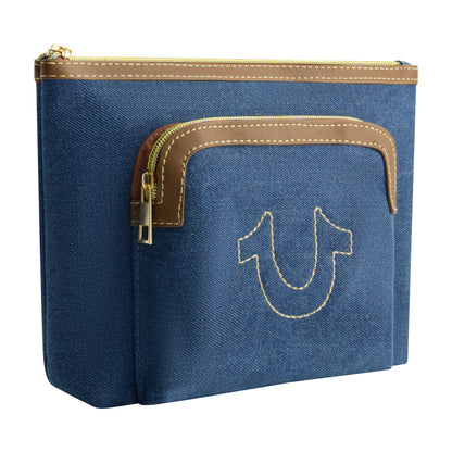 True Religion Trapazoid zip cosmetic bag with exterior zip pocket, DENIM