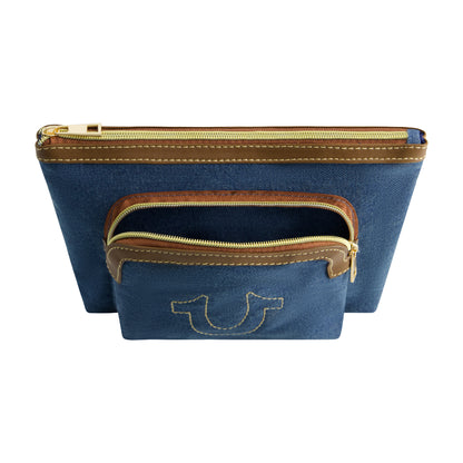 True Religion Trapazoid zip cosmetic bag with exterior zip pocket, DENIM