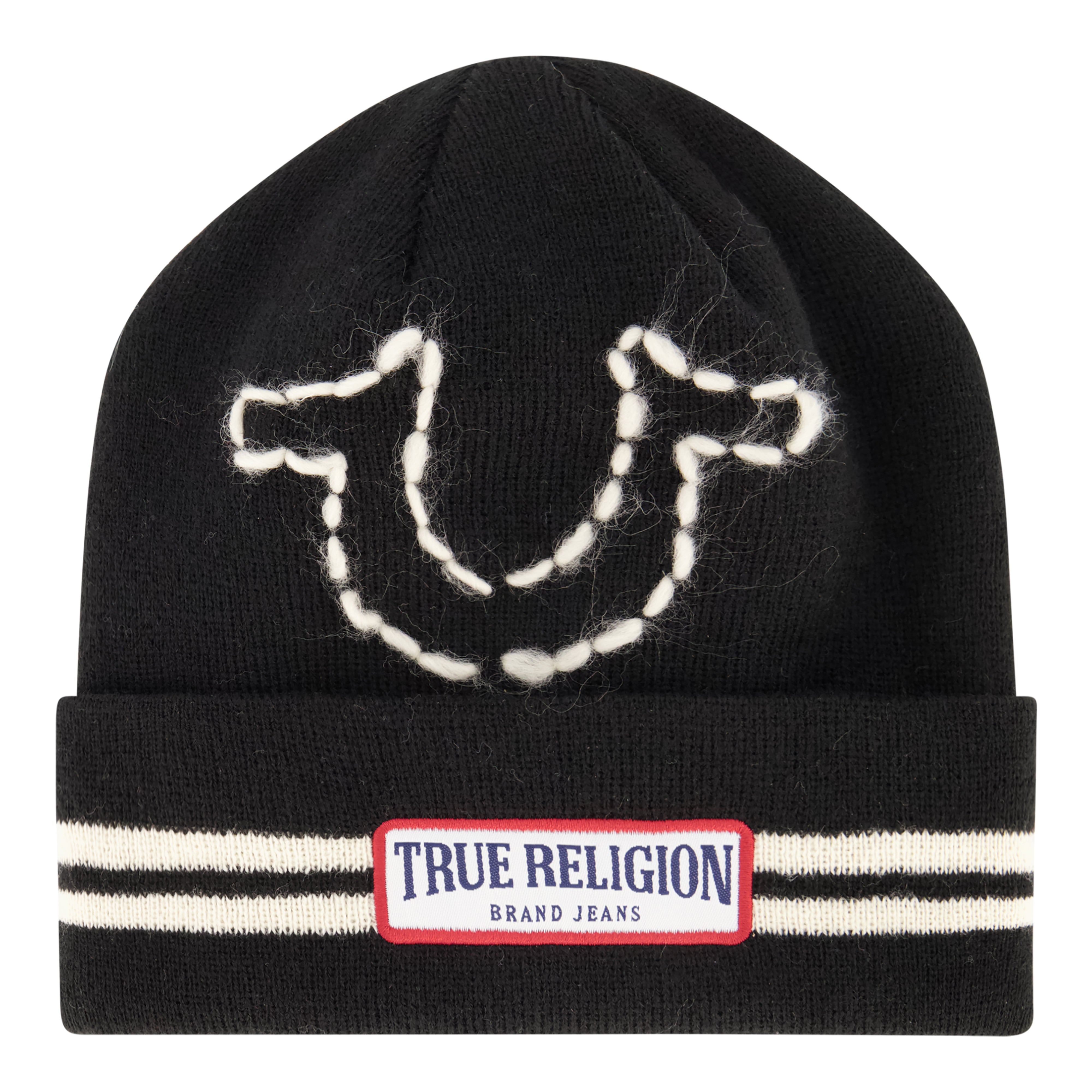 True Religion Beanie Hat and Gloves Set, Cuffed Winter Knit Cap with Stitched Yarn Horseshoe Logo and Fleece Lined Mittens
