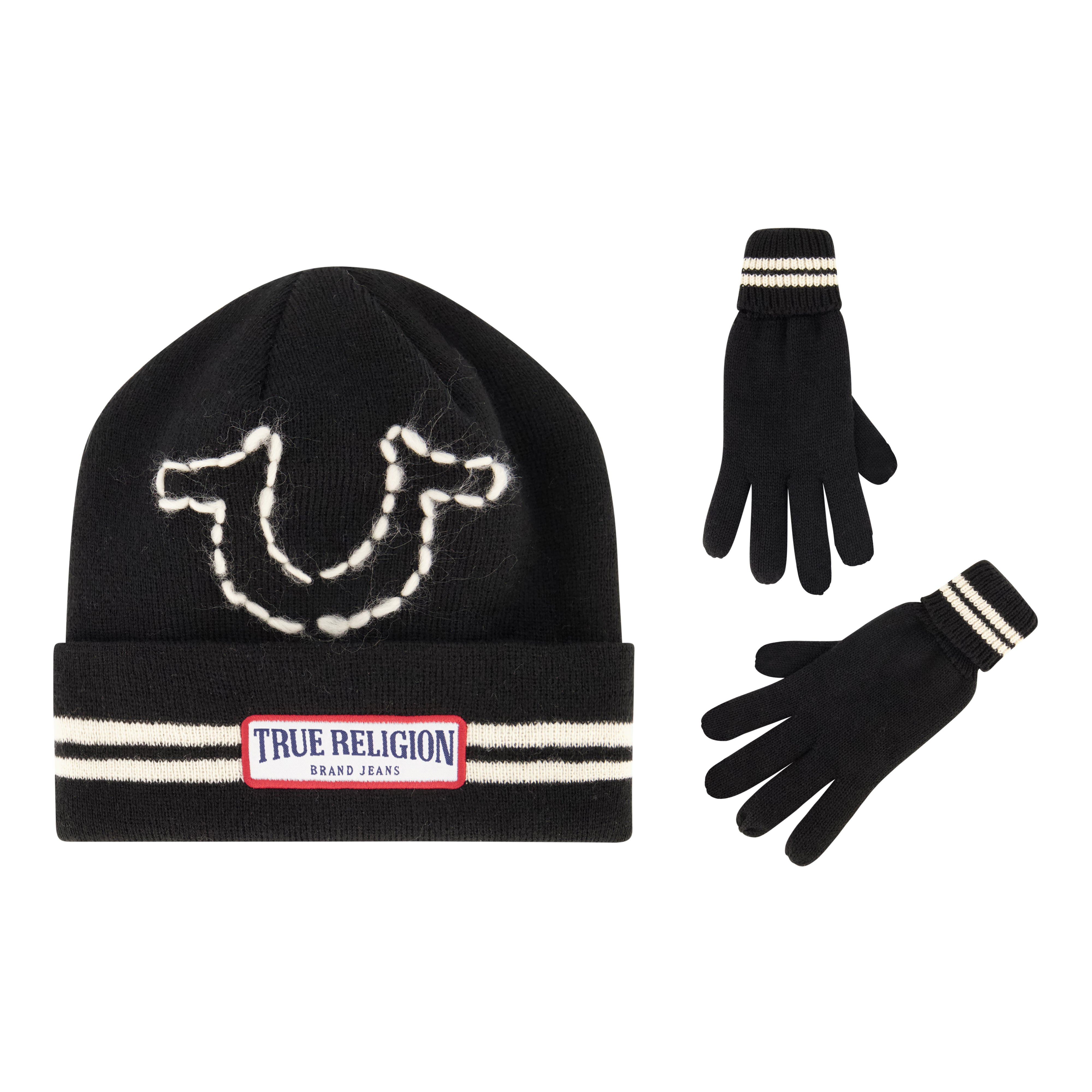 True Religion Beanie Hat and Gloves Set, Cuffed Winter Knit Cap with Stitched Yarn Horseshoe Logo and Fleece Lined Mittens