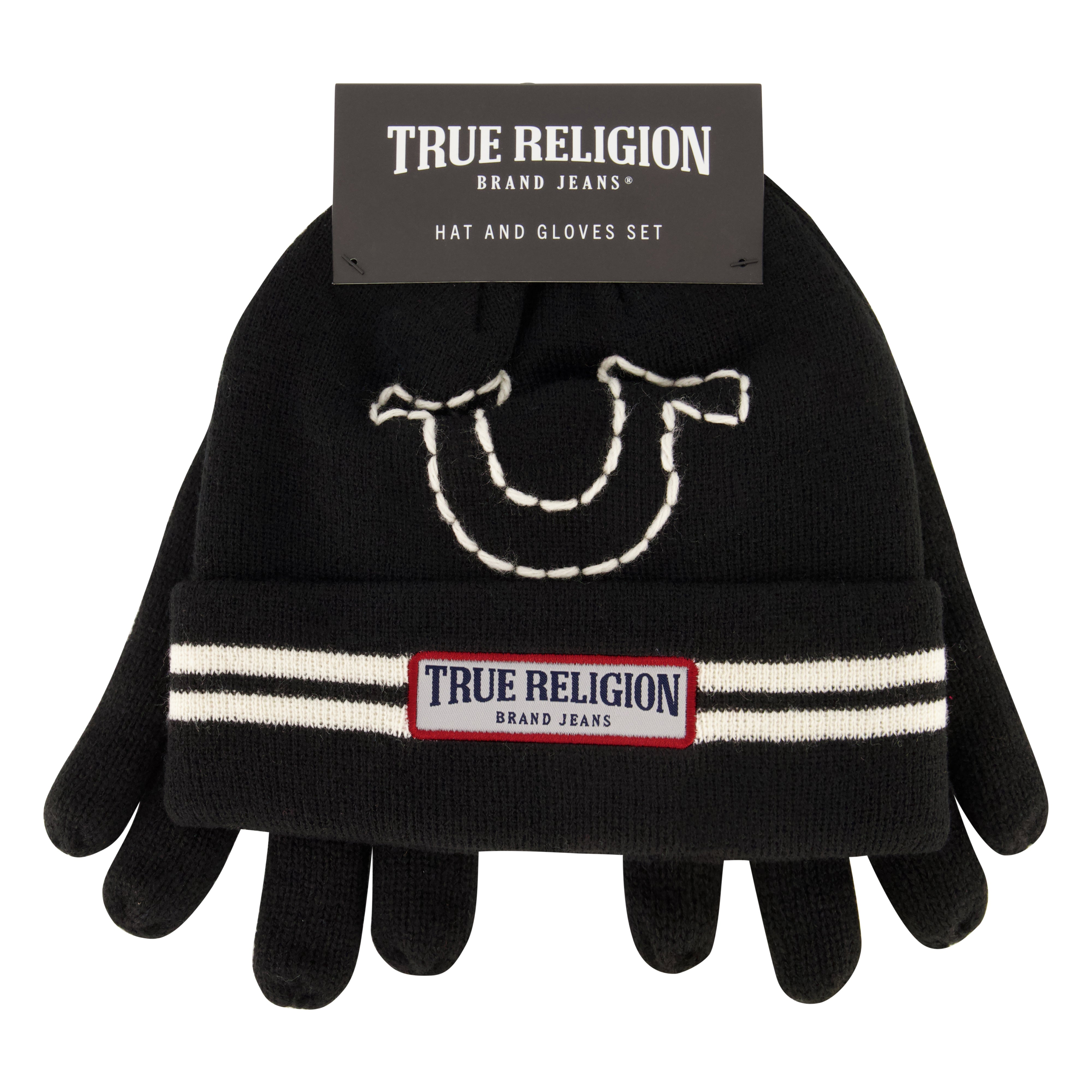 True Religion Beanie Hat and Gloves Set, Cuffed Winter Knit Cap with Stitched Yarn Horseshoe Logo and Fleece Lined Mittens
