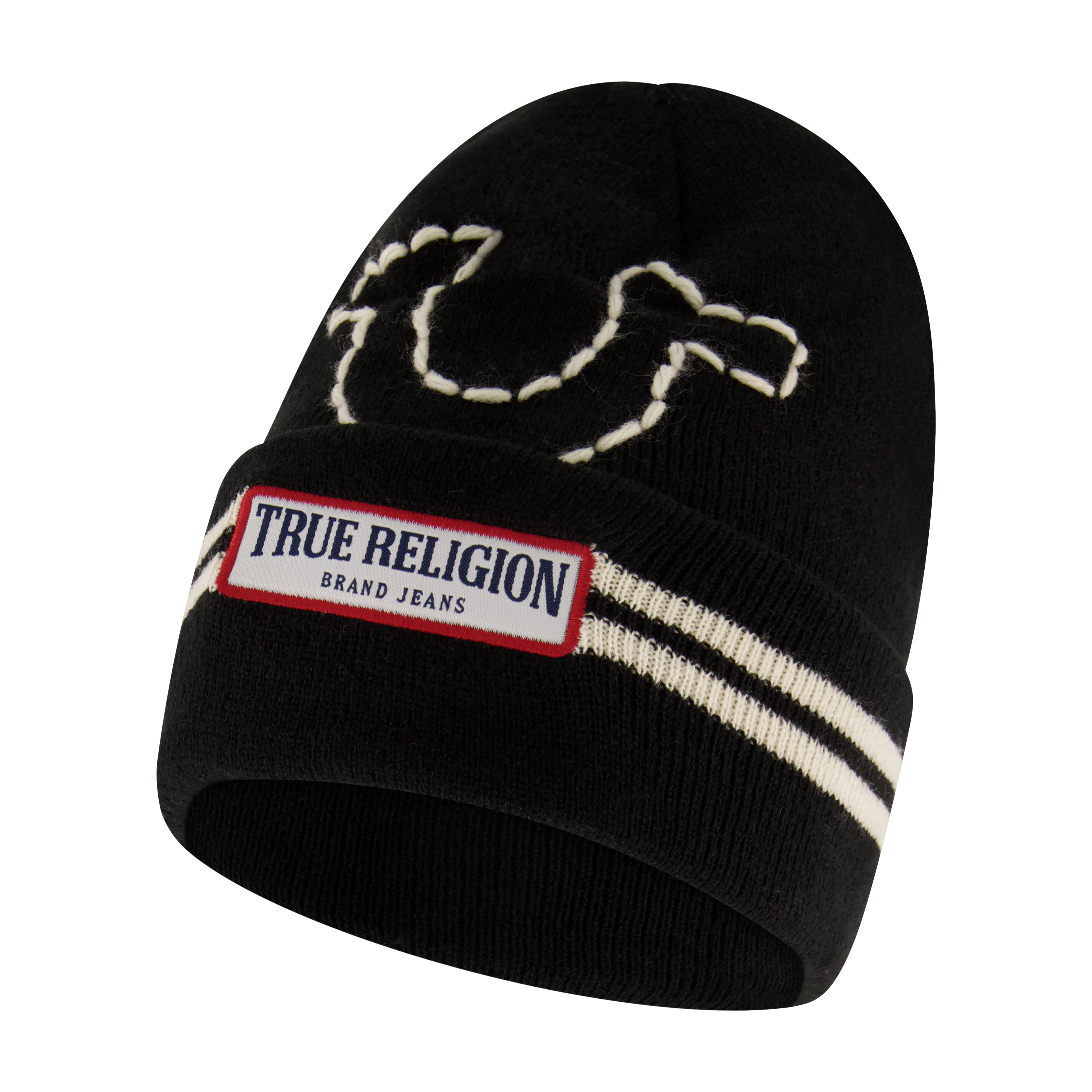 True Religion Beanie Hat and Gloves Set, Cuffed Winter Knit Cap with Stitched Yarn Horseshoe Logo and Fleece Lined Mittens