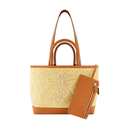 Tommy Bahama Leather Trim Raffia Tote With Pouch, Tan/Brown