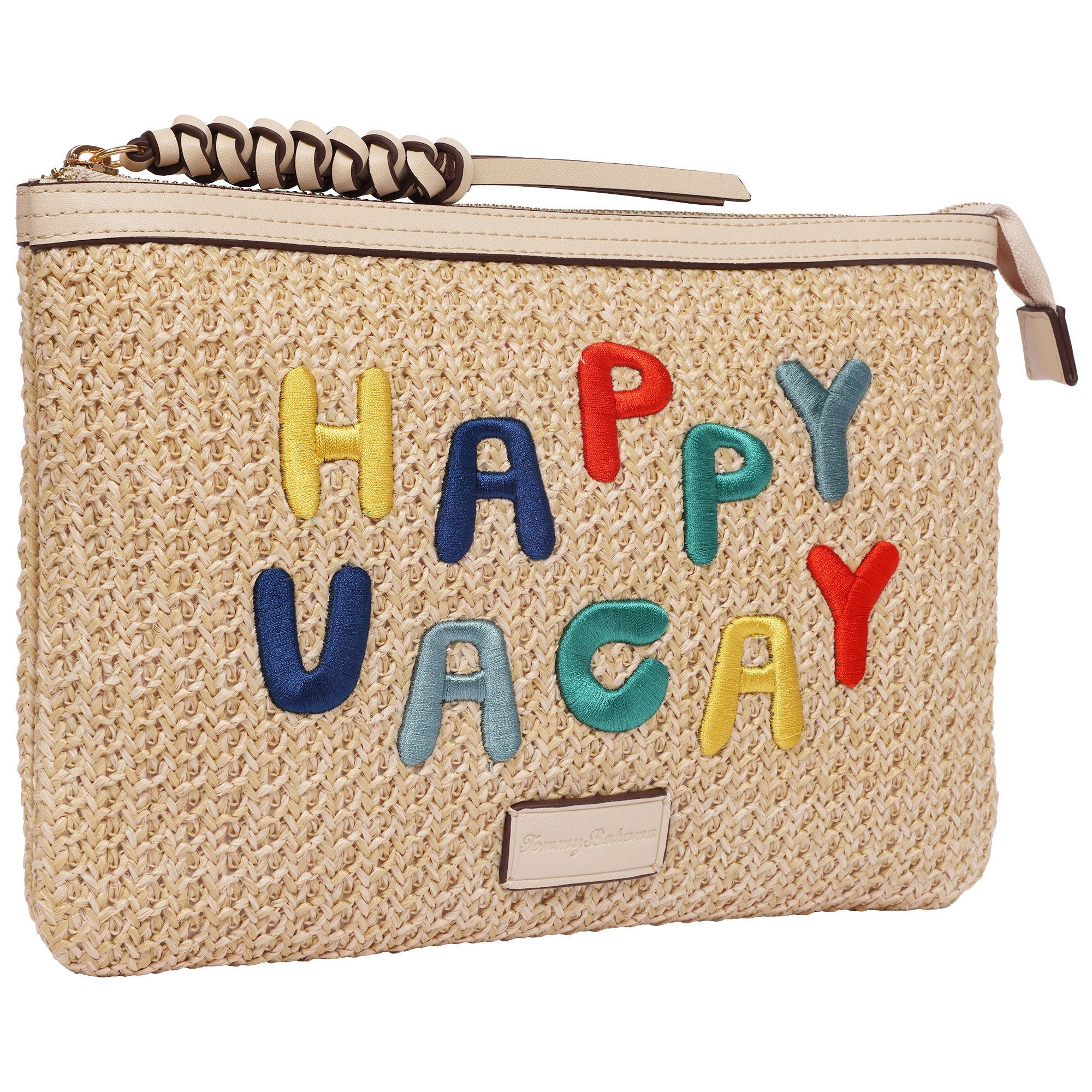 Tommy Bahama Happy Vacay Raffia Clutch – Woven Straw Zip Pouch with Embroidered Lettering